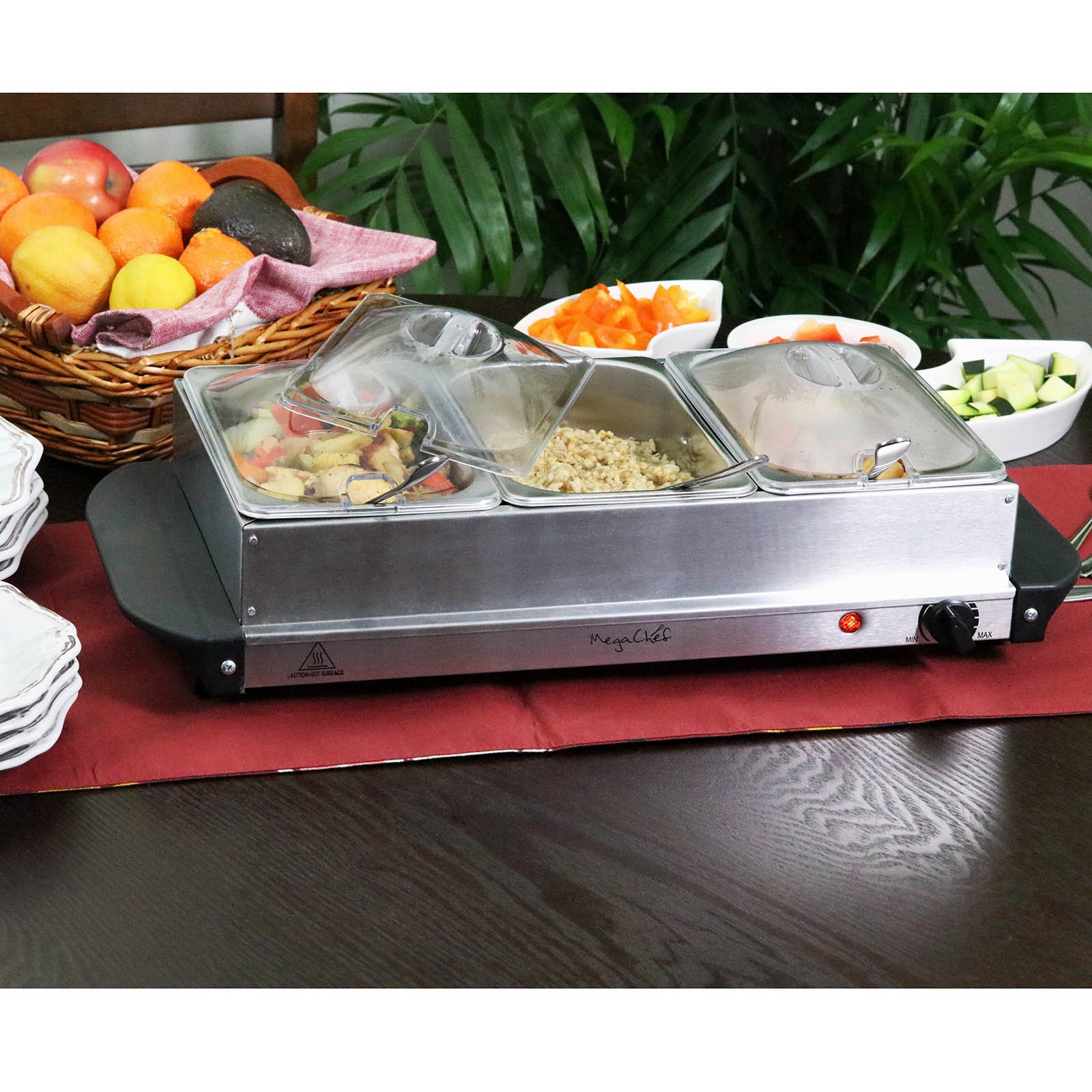 MegaChef Stainless Steel 3-Section Buffet Server with Lid - Food Warmer & Serving Tray for Parties, Catering & Home Entertaining - Easy to Clean Commercial Grade Buffet Set