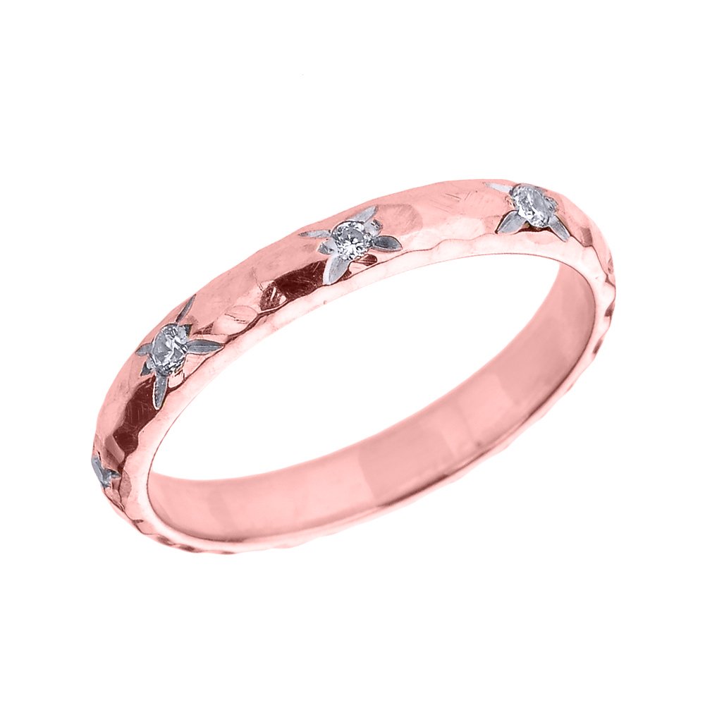 10k Rose Gold Hammered Stackable Diamond Ring - 3mm Modern Contemporary Wedding Band for Women, Perfect for Stacking, Anniversary Gift, or Everyday Elegance
