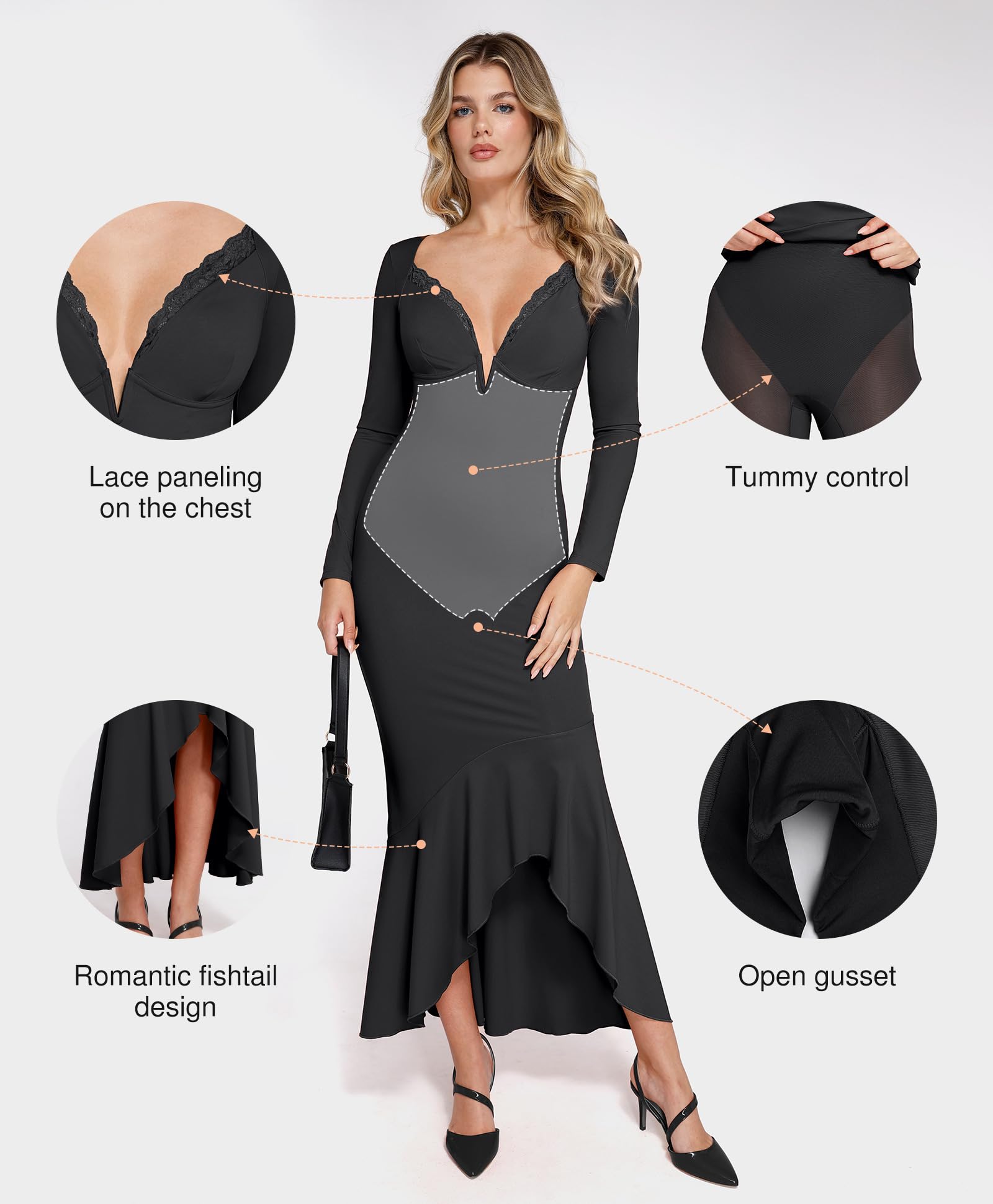 Popilush Women's Long Sleeve Cocktail Dress with Shapewear | Tummy Control Party Gown | Deep V Neck Lace Mermaid Maxi Dress for Evening Events, Weddings & Special Occasions