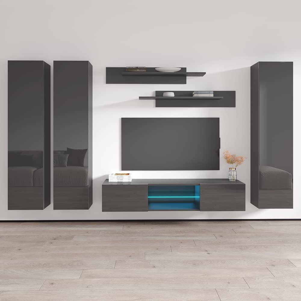 Modern Gray Wall-Mounted TV Stand with Storage Shelves & LED Lights - Meble Fly C 33 Entertainment Center for Living Room & Bedroom - Space-Saving Media Console for 55