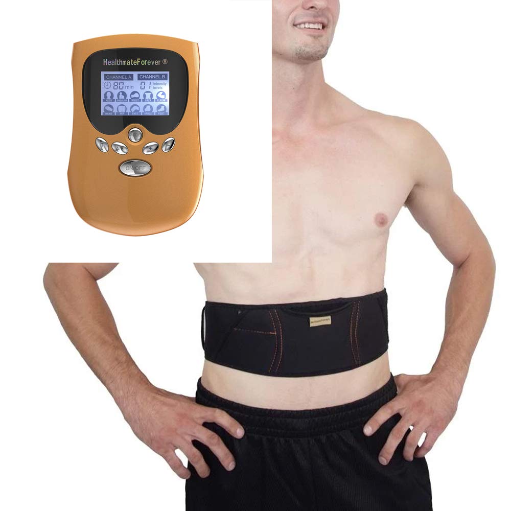 HealthmateForever PM10AB Portable Electric Muscle Stimulator - 10 Modes TENS Unit for Pain Relief, Muscle Recovery & Blood Circulation | Includes Free Belly Toning Belt for Home & Gym Use
