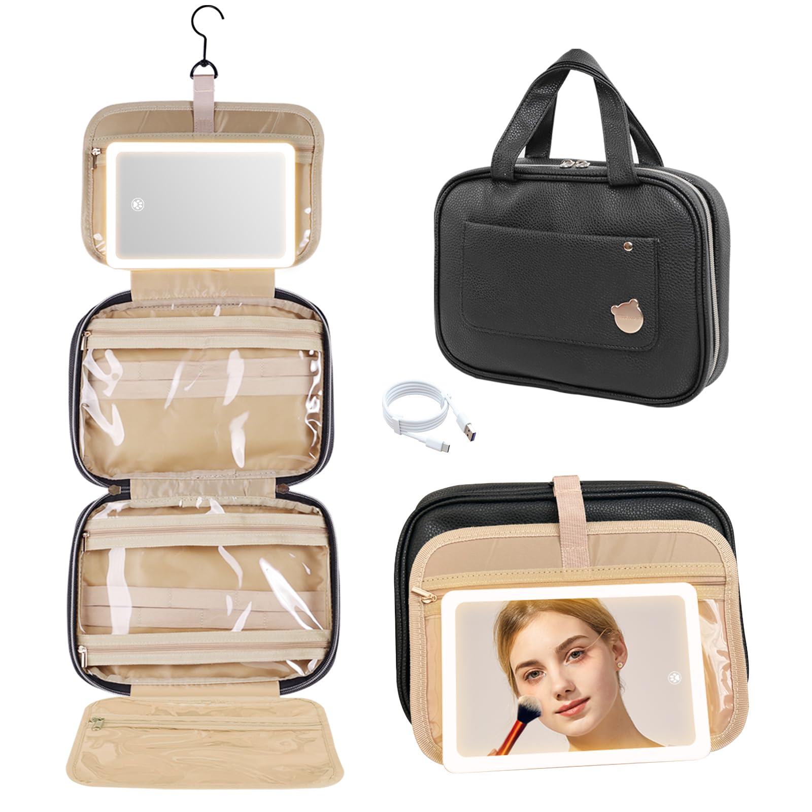 FENCHILIN Large Travel Toiletry Bag with Hanging Hook - Waterproof Makeup Organizer with LED Mirror for Cosmetics, Shampoo, Toiletries - Perfect for Vacation, Gym, Camping & Business Trips
