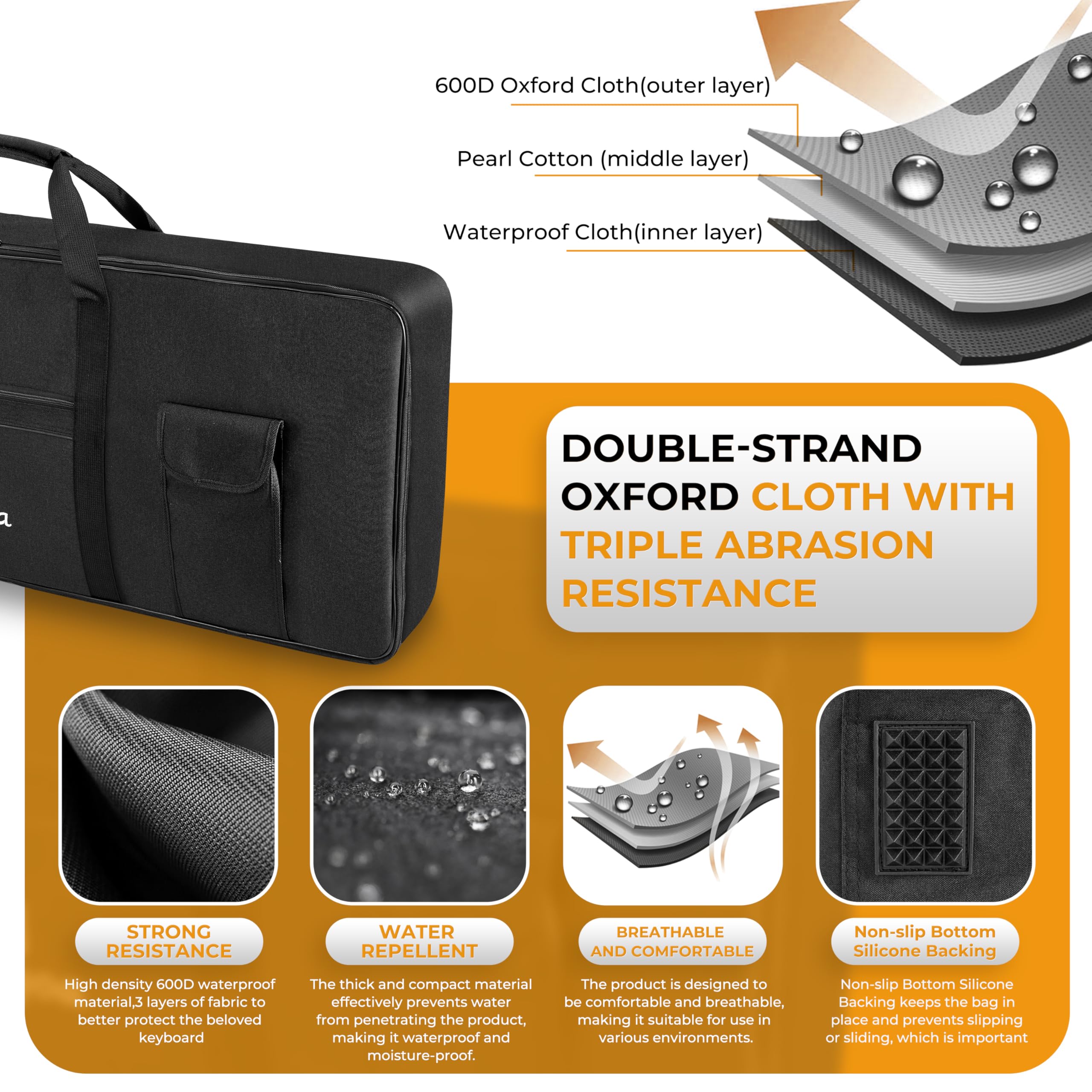 Vangoa 88-Key Keyboard Case - Waterproof Padded Gig Bag for Electric Piano (52.7