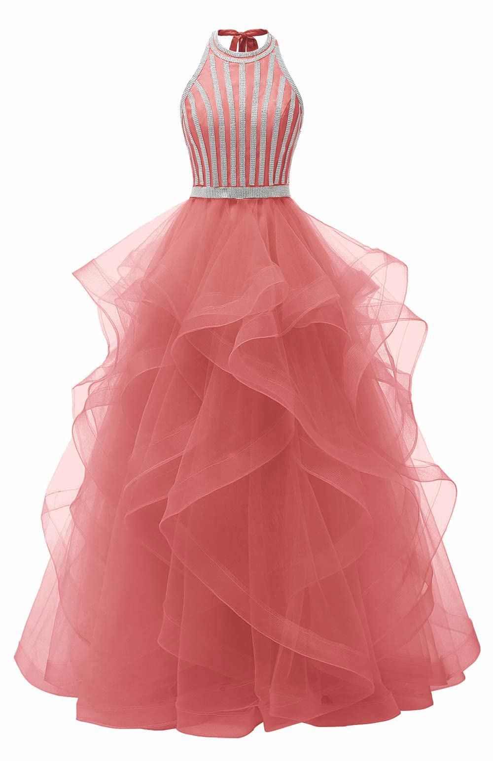 Elegant Beaded Prom Dresses for Women - Tiered Formal Evening Gown with Halter Neckline | Perfect for Homecoming, Ball, Wedding & Special Occasions