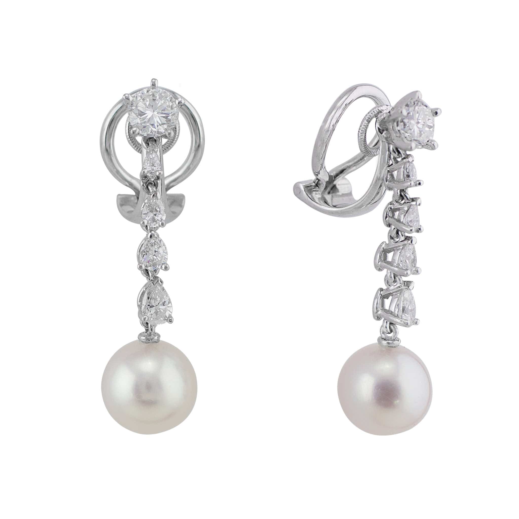 14K White Gold Pearl and Diamond Chandelier Earrings for Women - Elegant Dangle Drop Earrings for Wedding, Party & Special Occasions