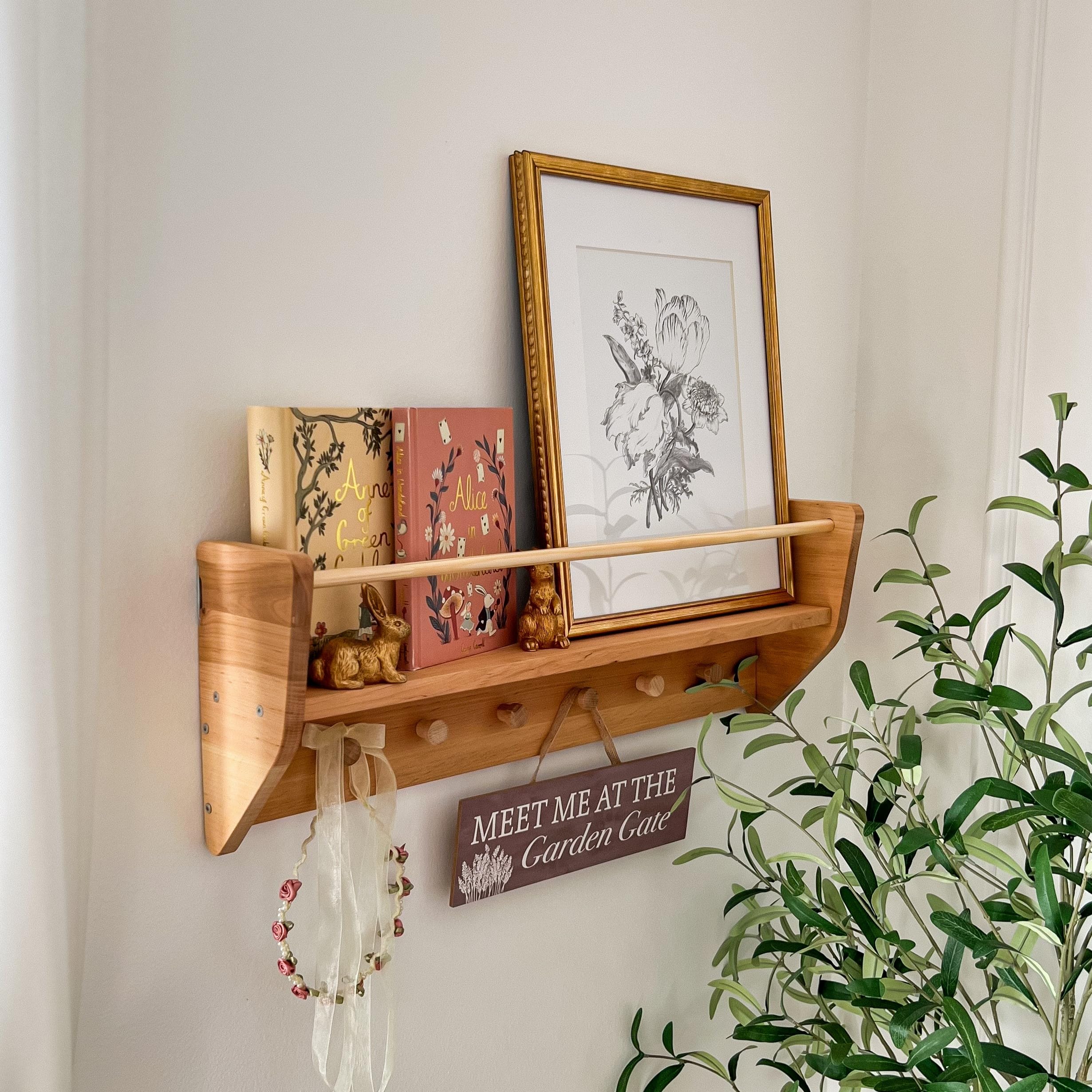 Wooden Wall Mounted Bookshelf for Kids - Nursery Decor with Hooks, Montessori Bookshelf for Toddlers, Baby Shower Gift (Large) - Perfect for Nursery, Playroom, and Kids Bedroom Organization