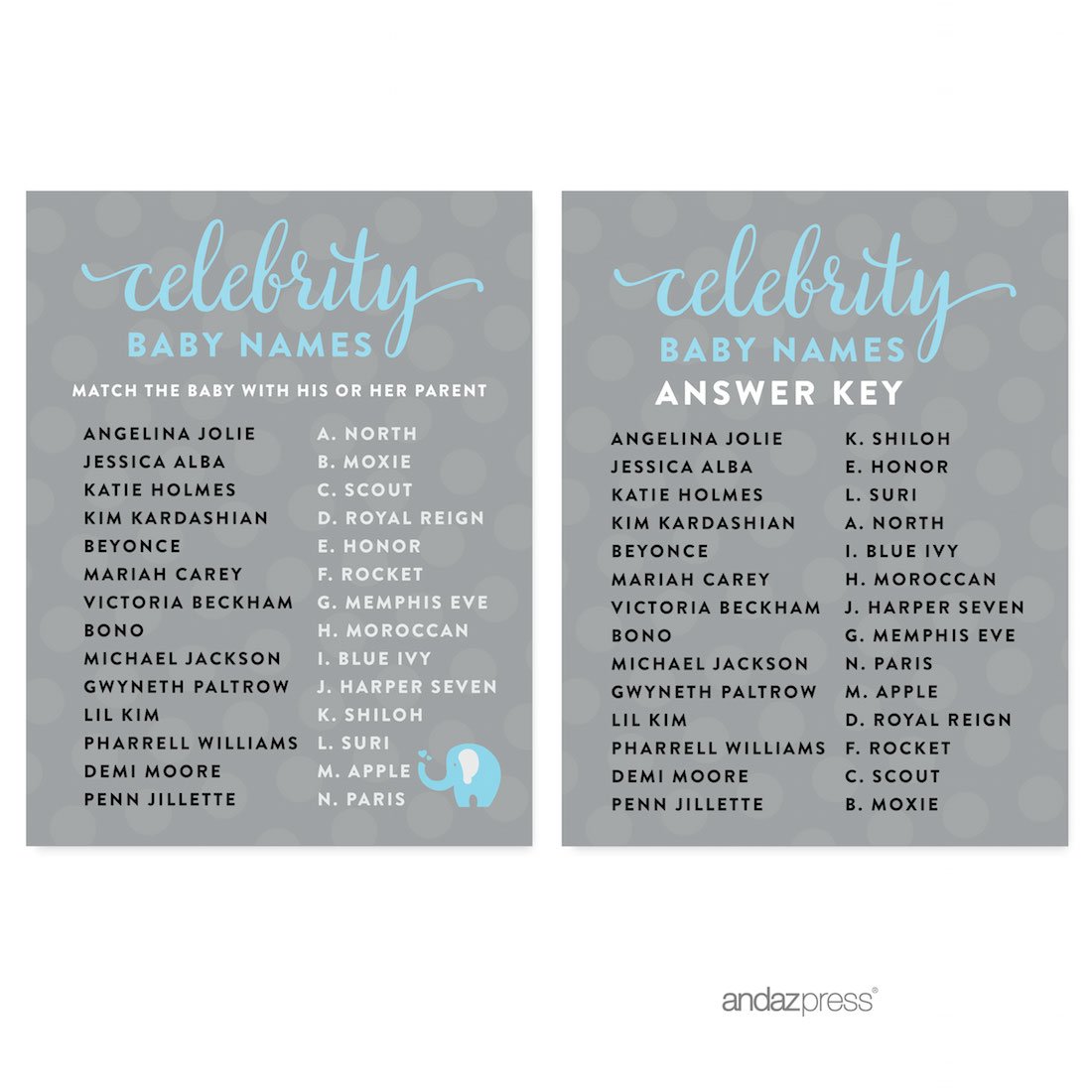 Andaz Press Baby Shower Games Set - 20-Pack Elephant Theme Party Decorations with Celebrity Name Game Cards for Boy's Nursery Decor & Gender Reveal Celebrations