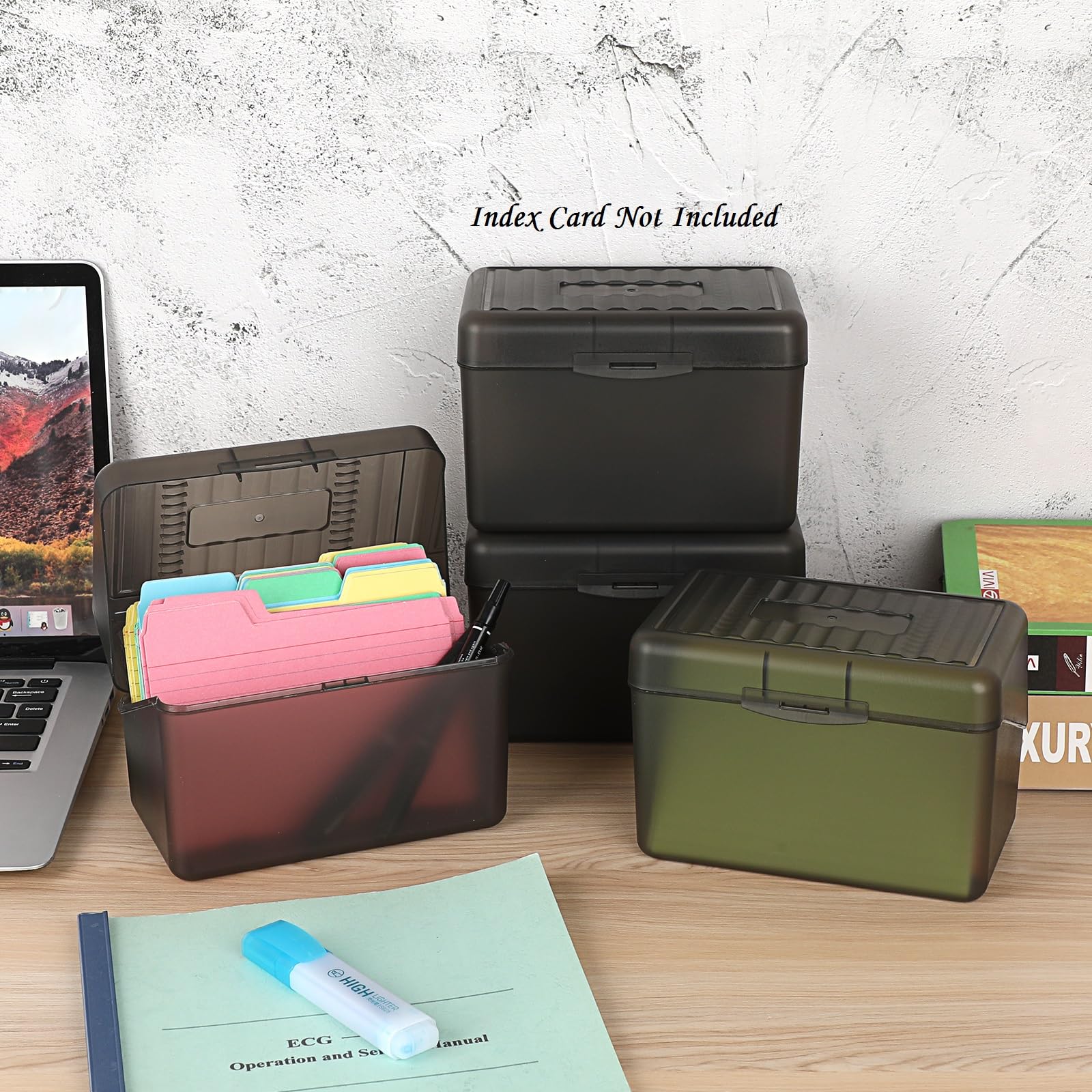 BTSKY 4-Pack 4x6 Inch Index Card Box - Plastic Storage Organizer for Index Cards, Note Cards, Flashcards & Recipes - Grey (Cards Not Included) - Perfect for Office, School, Kitchen & Home Organization