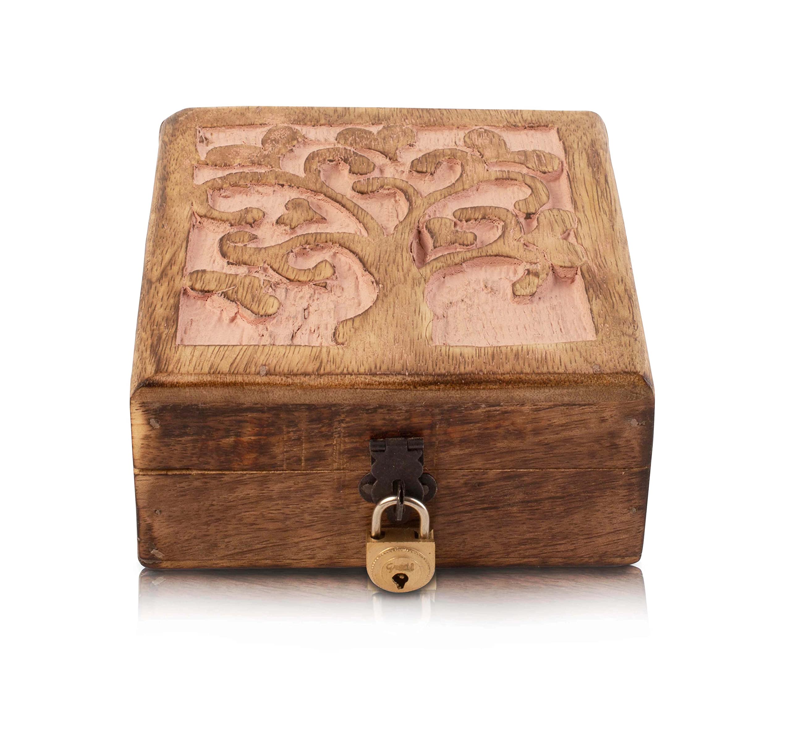 Handmade Wooden Jewelry Box with Tree of Life Carving - Lockable Jewelry Organizer, Keepsake Box, Watch Storage - Perfect Birthday Gift, Anniversary Present & Home Decor Accessory (Pink) - Ideal for Safekeeping Necklaces, Rings, Earrings and Valuables in Bedroom or Dresser