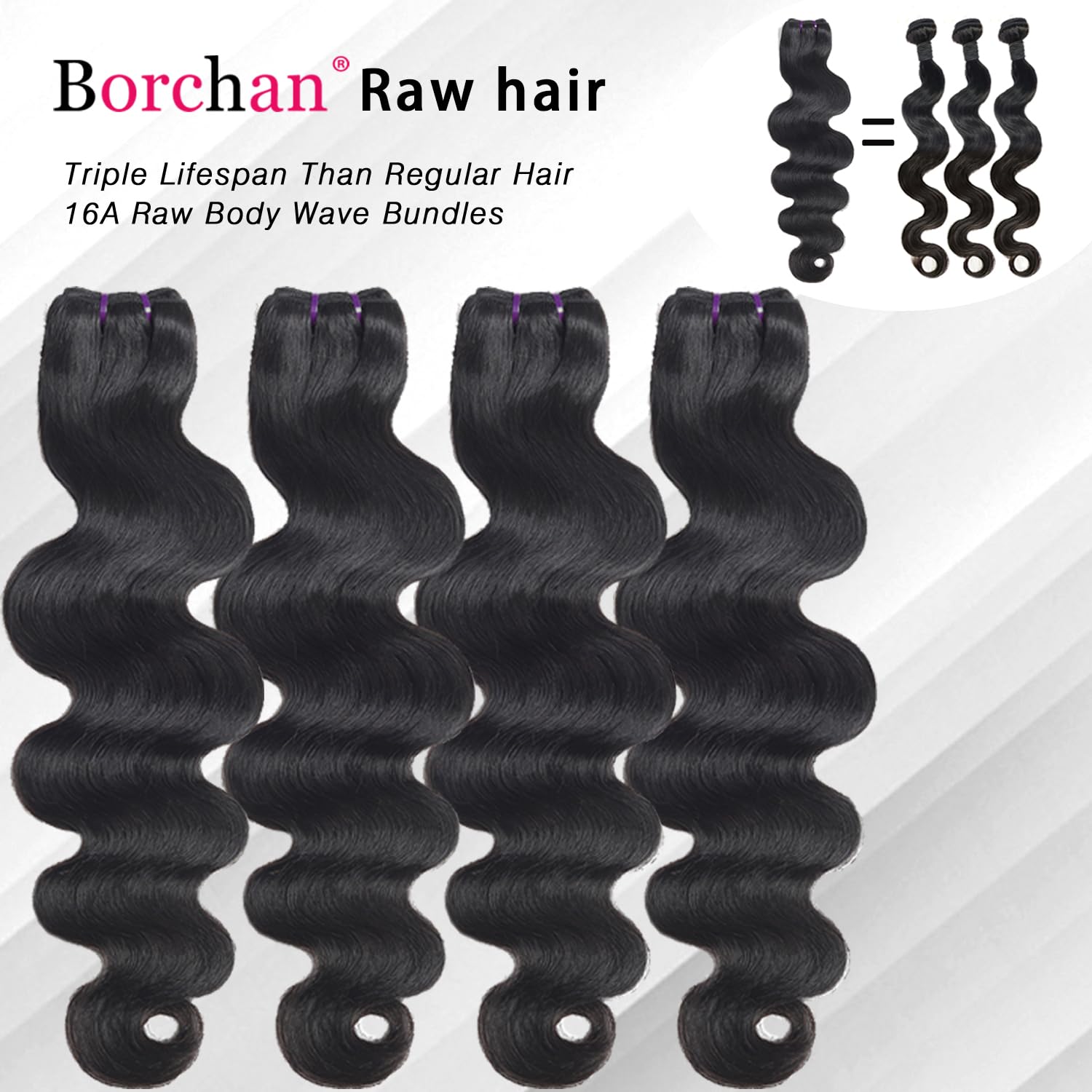 Borchan 4 Bundles Body Wave Human Hair Weave 14-20 Inch | 100% Unprocessed Brazilian Virgin Hair | 16A Grade Natural Black Color | Perfect for Sew-in Weaves, Wigs & Hair Extensions | Best for Salon & Home Use