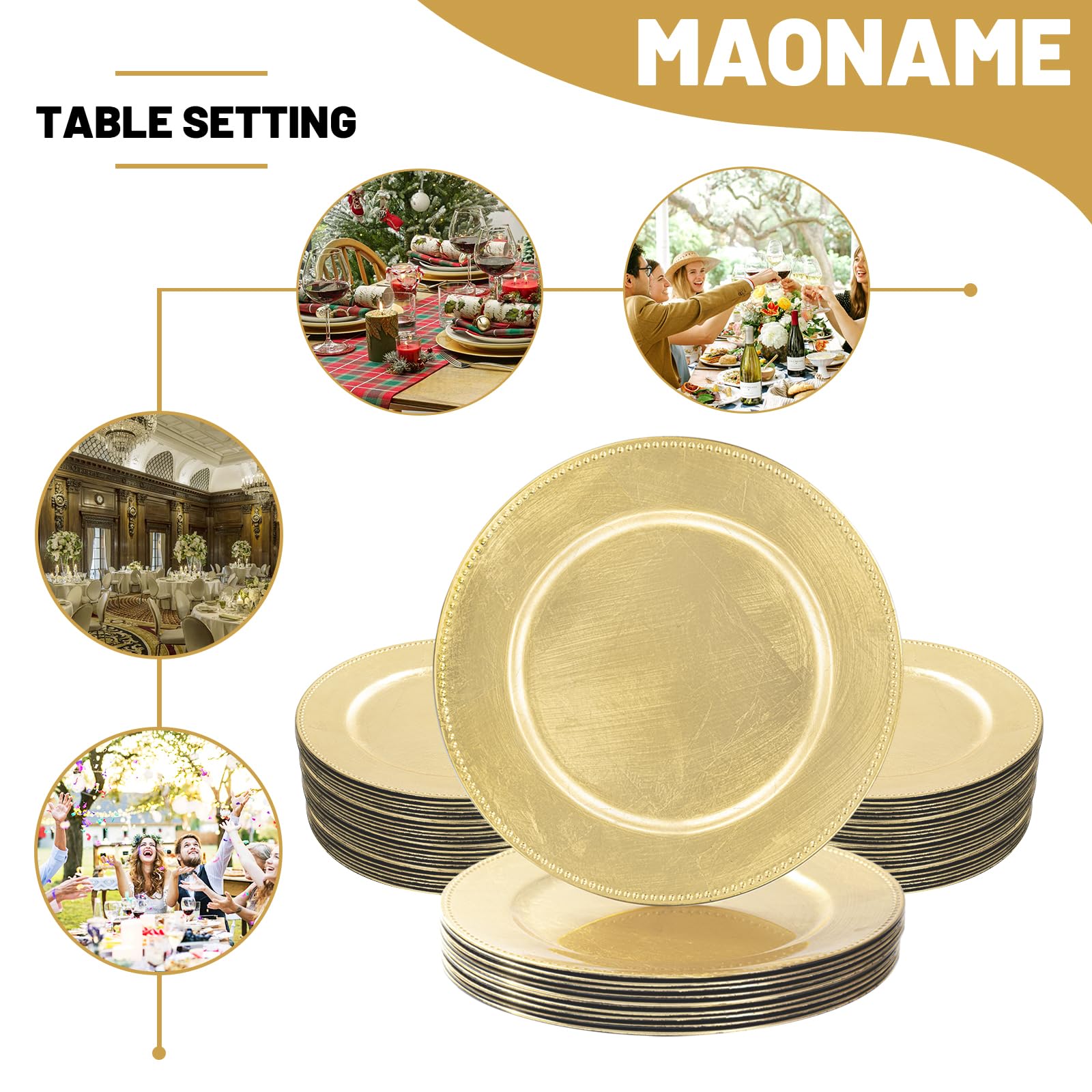 MAONAME 50-Pack Gold Foil Charger Plates 13 Inch - Elegant Beaded Plastic Round Chargers for Wedding, Party & Formal Dinner Table Settings - Bulk Disposable Plates for Events, Banquets & Home Decor