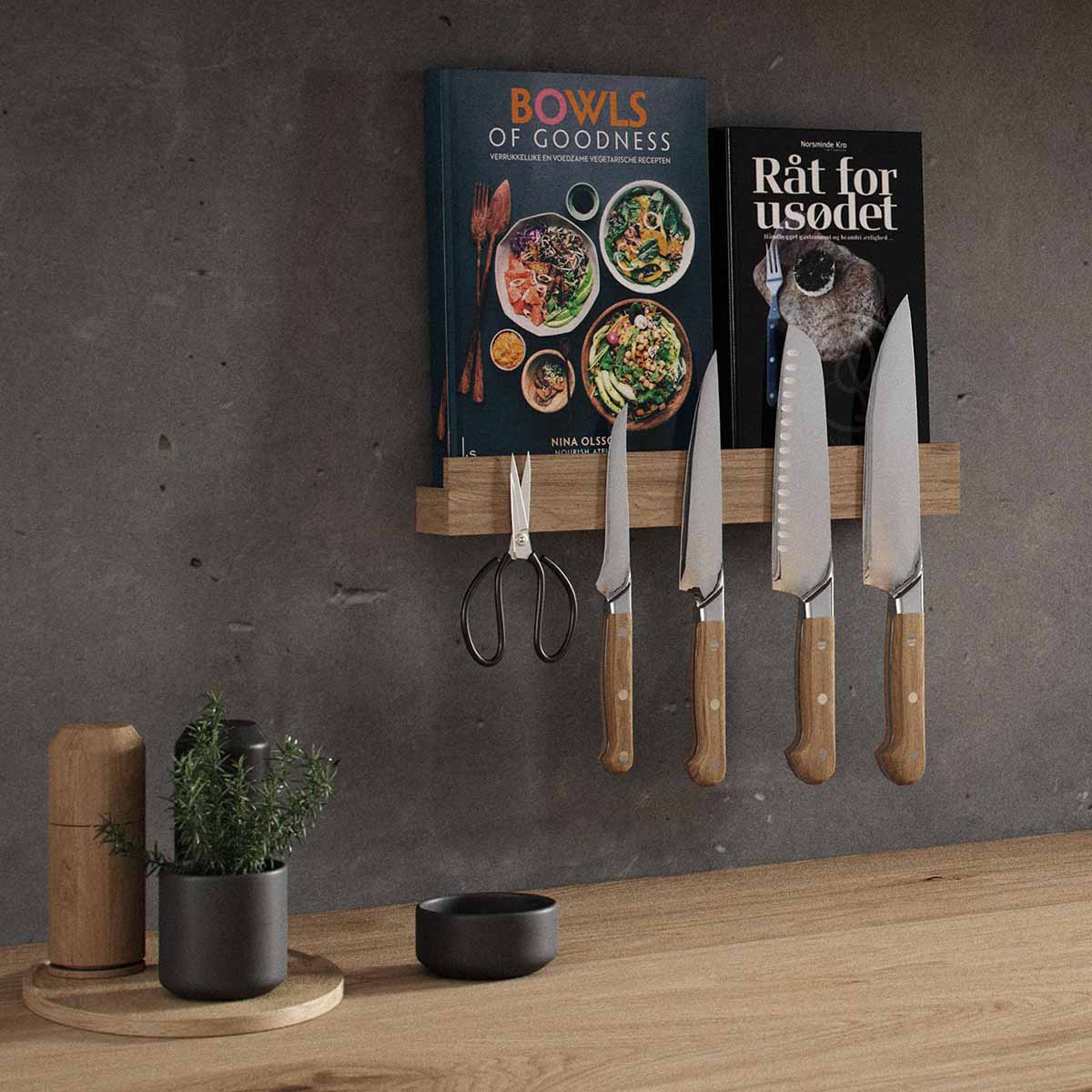 EKTA LIVING Magnetic Knife Holder & Shelf - Oiled Oak Wood Wall Mount for Kitchen Storage (2 Sizes) - Perfect for Organizing Knives, Spices & Utensils in Modern Kitchens