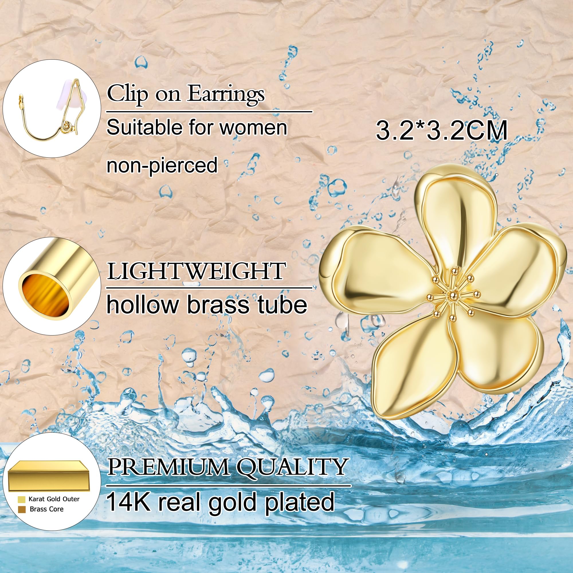 14K Gold Plated Clip-On Earrings for Women - Trendy Non-Piercing Floral Dangle Earrings | Lightweight Fake Earrings Set for Non-Pierced Ears | Perfect for Weddings, Parties & Everyday Wear
