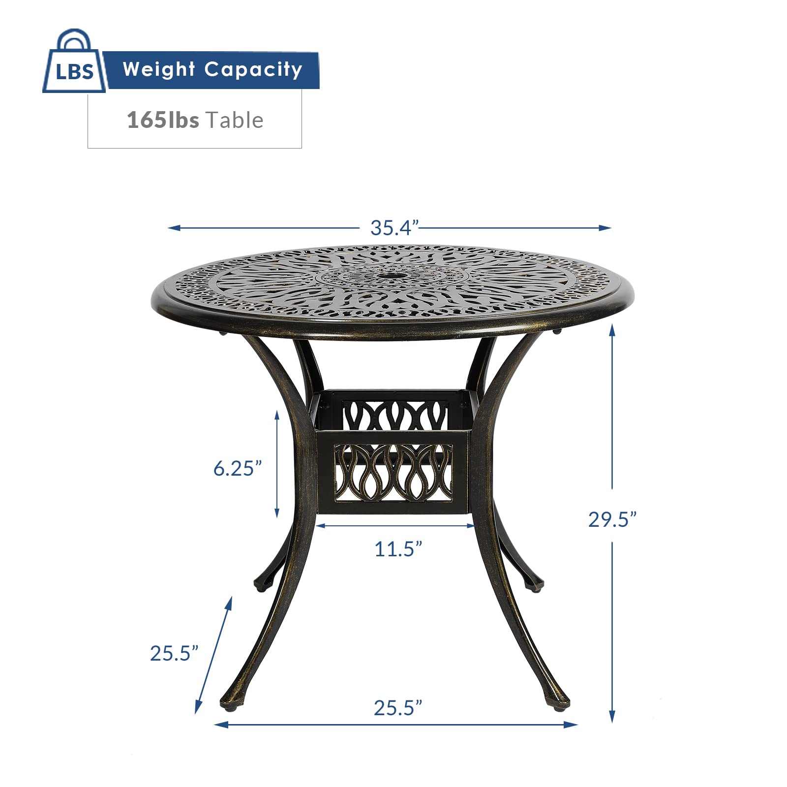 35.4 Inch Round Outdoor Dining Table - Rustic Bronze Cast Aluminum Patio Table with Umbrella Hole | Perfect for Backyard, Garden & Poolside Gatherings