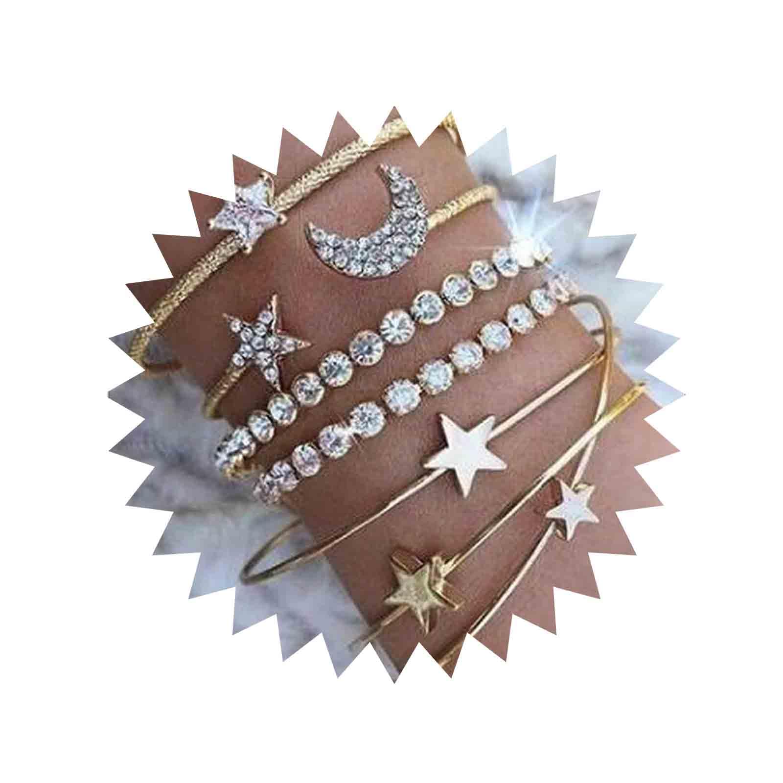Layered Moon Star Bracelet - Gold Rhinestone Tennis Chain Cuff Bracelet Set for Women, Vintage Crystal Hand Chain Jewelry, 4Pcs - Perfect for Parties, Weddings & Everyday Wear