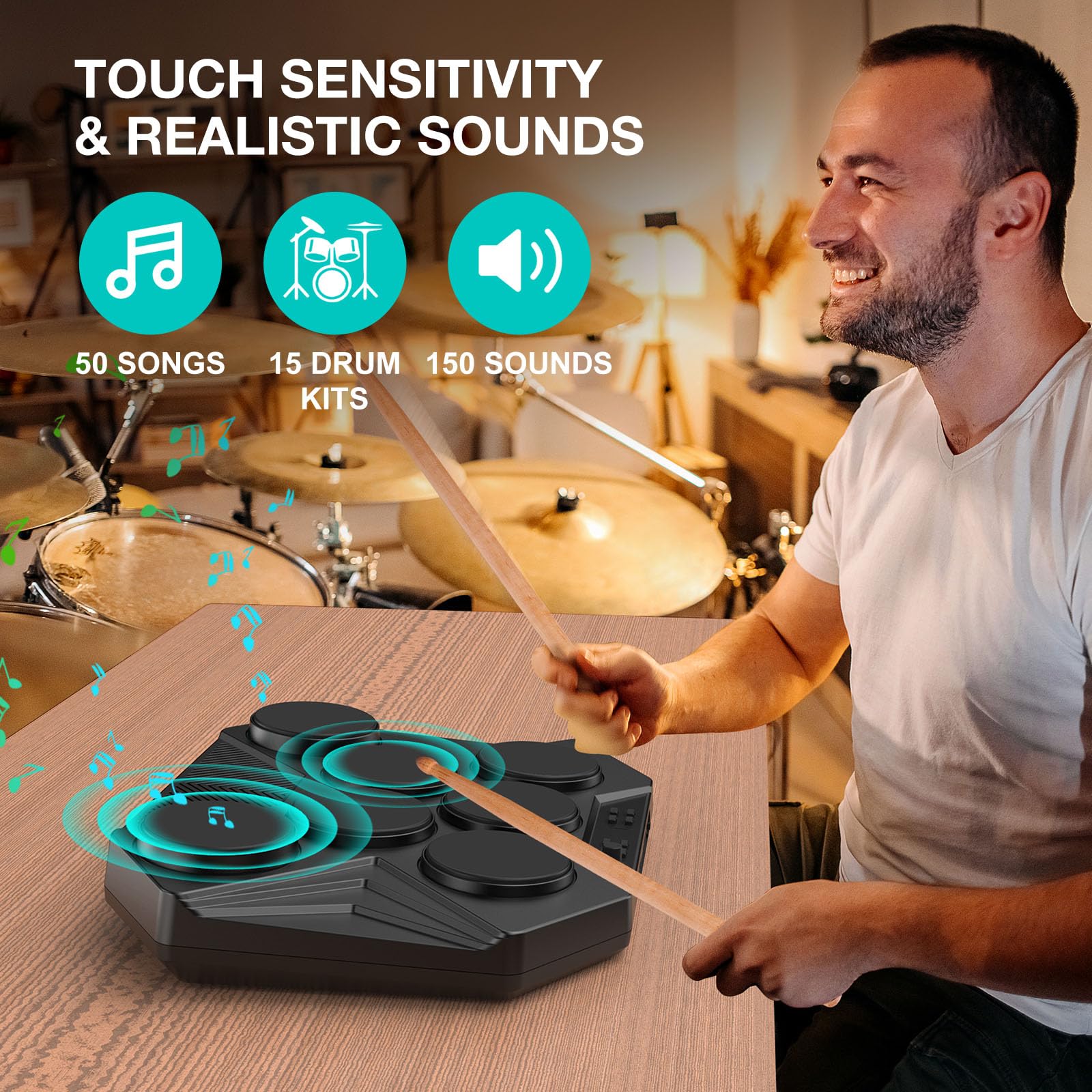 Electronic Tabletop Drum Set - Portable Digital Drum Kit with 7 Velocity-Sensitive Pads, LED Music Level Light, USB-MIDI for Mac & PC - Perfect for Home Practice, Studio Recording & Beginner Musicians