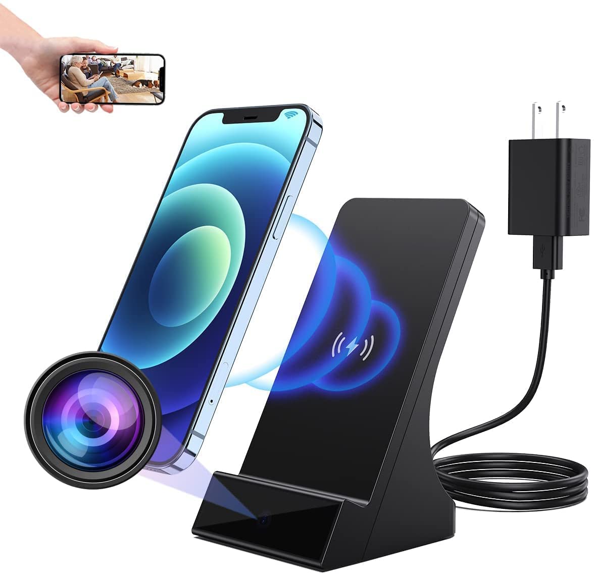 LIZVIE iPhone Wireless Charger with Built-in 1080P Mini Security Camera | Night Vision & Motion Detection | Home & Office Security | Perfect for Desk, Bedroom, and Baby Monitoring
