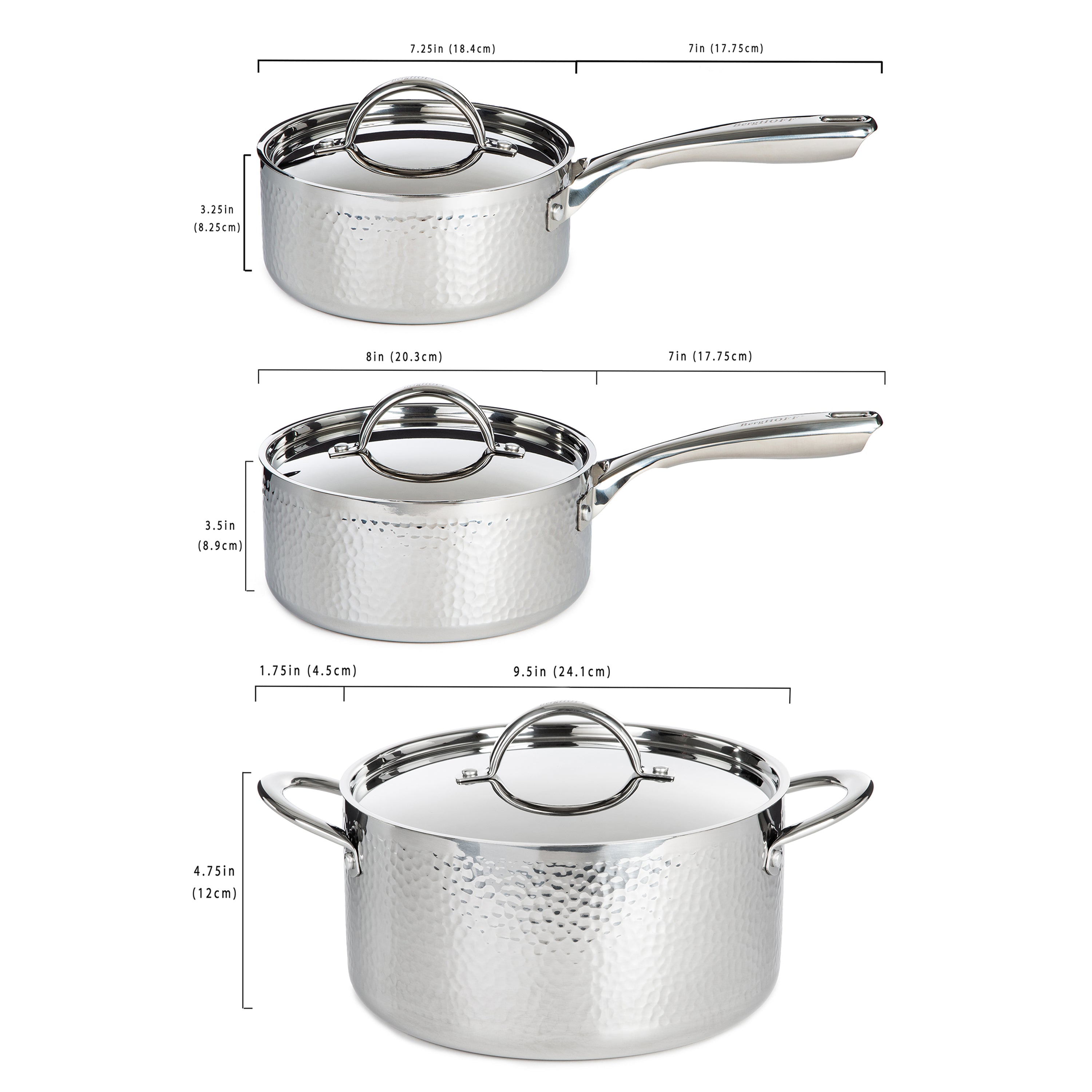BergHOFF Vintage 6-Piece Tri-Ply 18/10 Stainless Steel Cookware Set with Lids - Hammered Finish for Professional Cooking & Home Kitchen Use