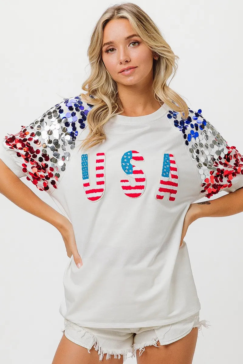 BiBi American Flag Sequin Top for Women - Patriotic Party Shirt for 4th of July, Concerts & Festivals