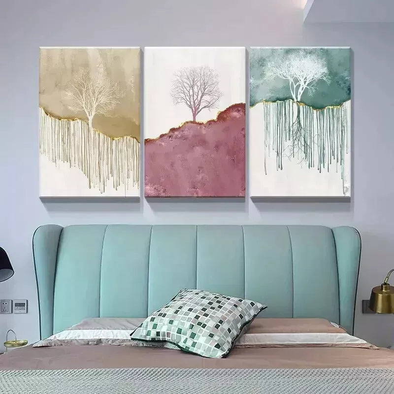 3-Piece Golden, Red & Green Abstract Tree Wall Art Set - Framed Canvas 50x70cm - High Quality Print - 100% Australian Made - Ready to Hang - Perfect for Living Room, Bedroom & Office Decor
