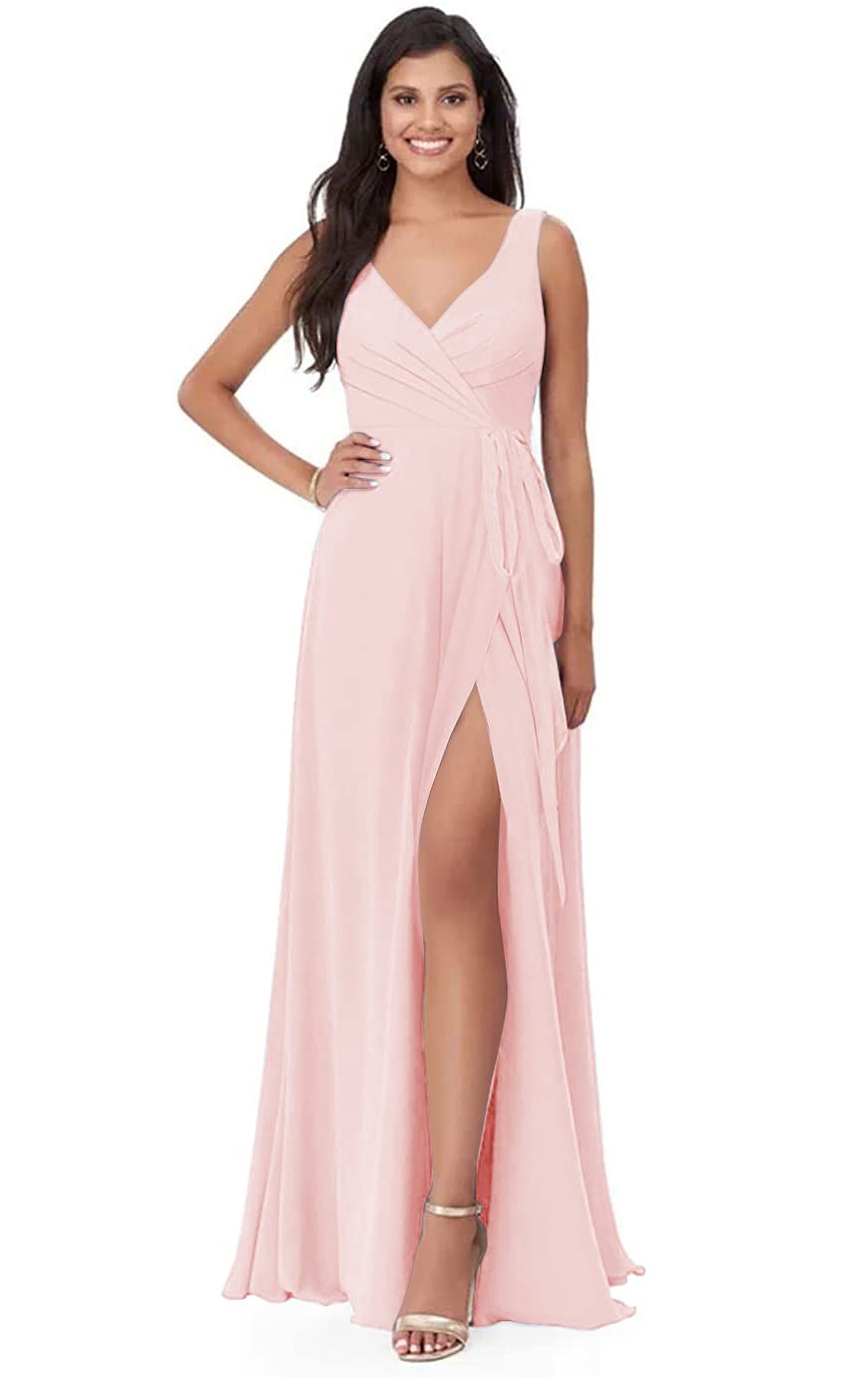 Split V-Neck Chiffon Bridesmaid Dresses - Long A-Line Formal Evening Gowns for Women with Pleated Skirt & Belt | Wedding Party, Prom, Cocktail Reception