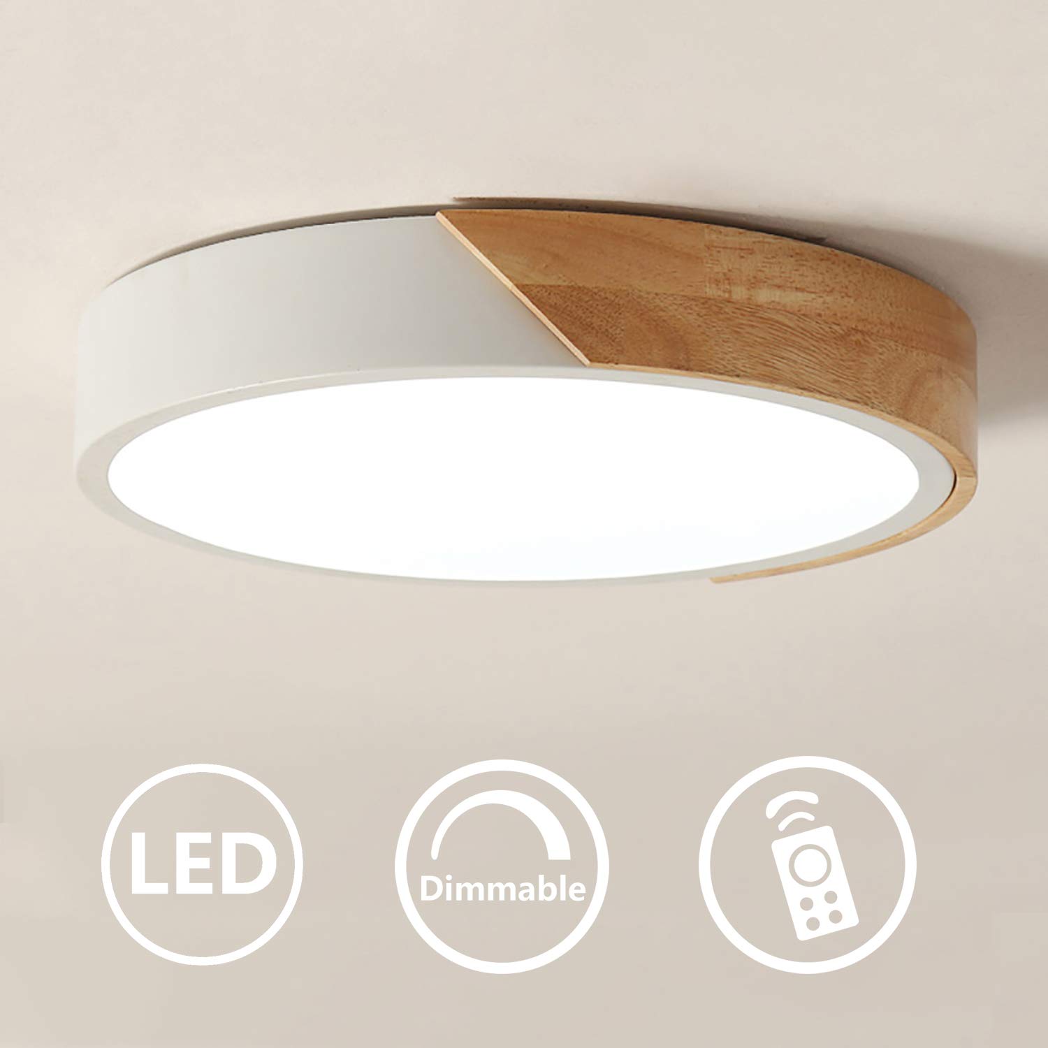 Modern Minimalist LED Flush Mount Ceiling Light - 19 Inch Round Dimmable Fixture with Remote Control (Wood, Metal & Acrylic, White) - Perfect for Living Room, Bedroom, Kitchen and Office Lighting
