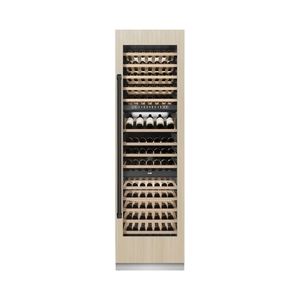 ZLINE Autograph Edition 24 Inch 12.4 cu ft Triple Zone 100 Bottle Panel Ready Column Wine Cooler with Matte Black Accents - Perfect for Home Bars, Restaurants, and Wine Cellars (RBCWVZ 24 MB)