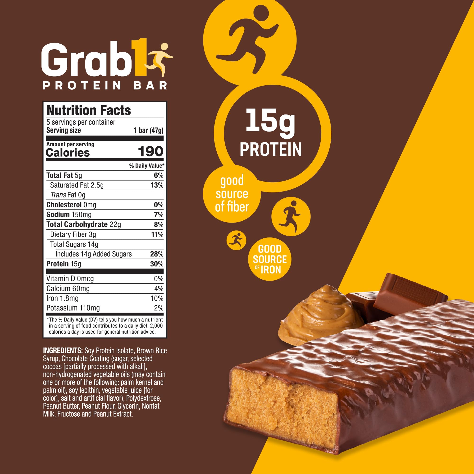 Grab1 Peanut Butter Protein Bars - 15g Protein per Bar (2 Pack, 10 Bars) | Low Calorie, Kosher Certified | Hunger Control Snack | Meal Replacement for Workout, Hiking & Office | Healthy Nutrition for Active Lifestyle