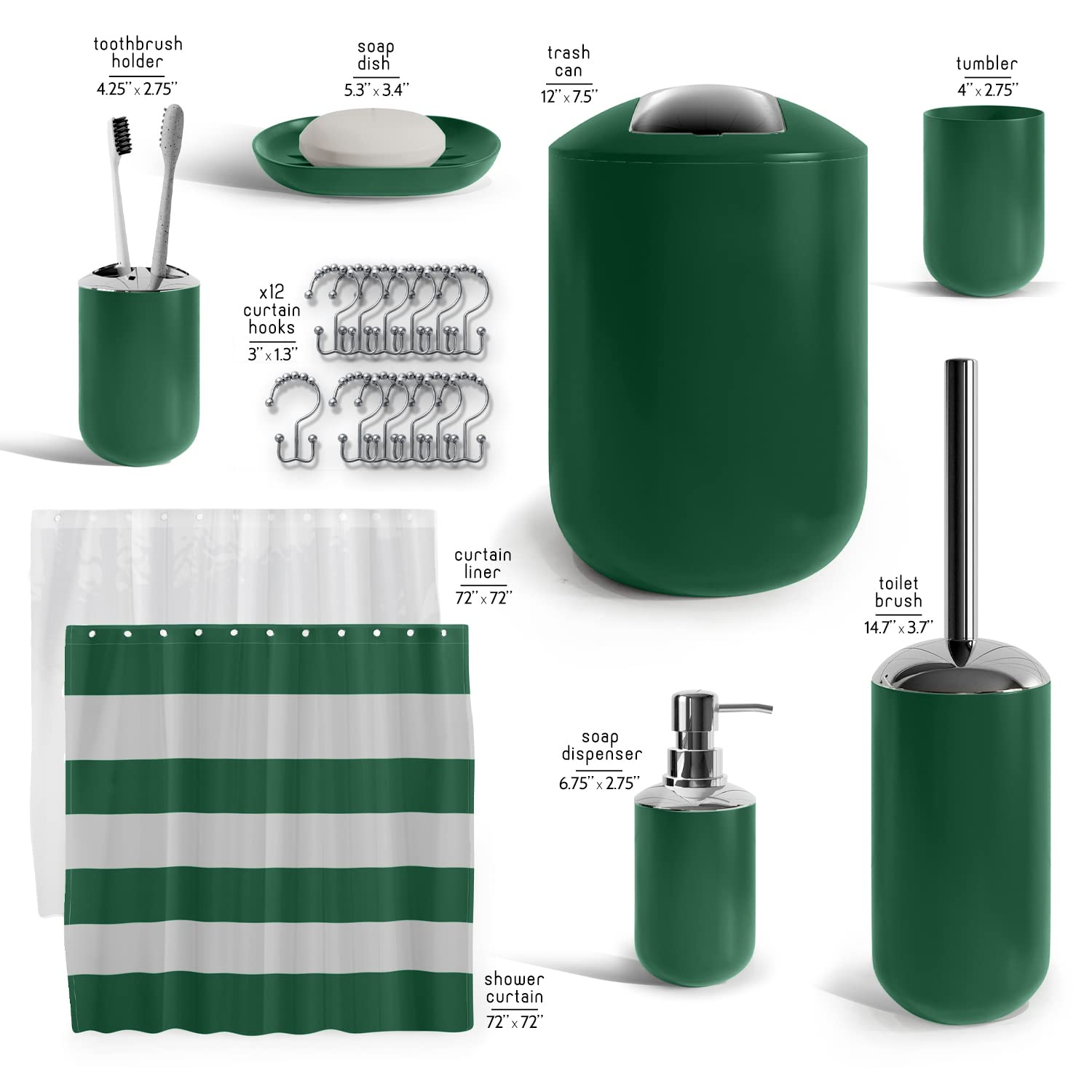 Clara Clark 20-Piece Green Bathroom Accessories Set - Includes Shower Curtain with Liner, Toothbrush Holder, Soap Dispenser, Soap Dish, Toilet Brush Holder & Waste Bin | Modern Bath Decor for Home, Apartment & Guest Bathroom | Water-Resistant & Easy to Clean