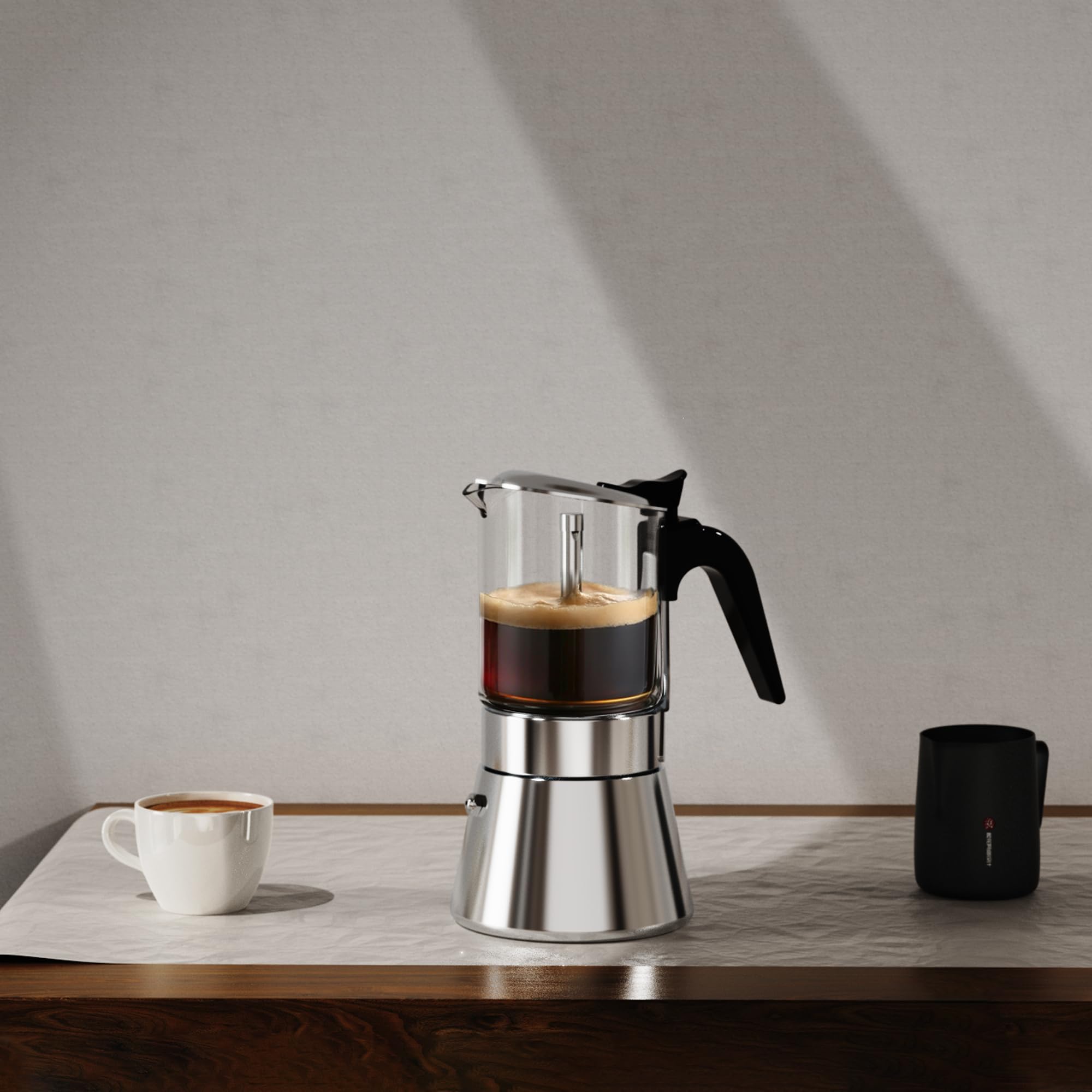 Moka Induction Stovetop Espresso Maker - 240ml (6 Cup) Italian Coffee Pot with Crystal Glass Top & Stainless Steel - Perfect for Home, Office & Camping Coffee Brewing
