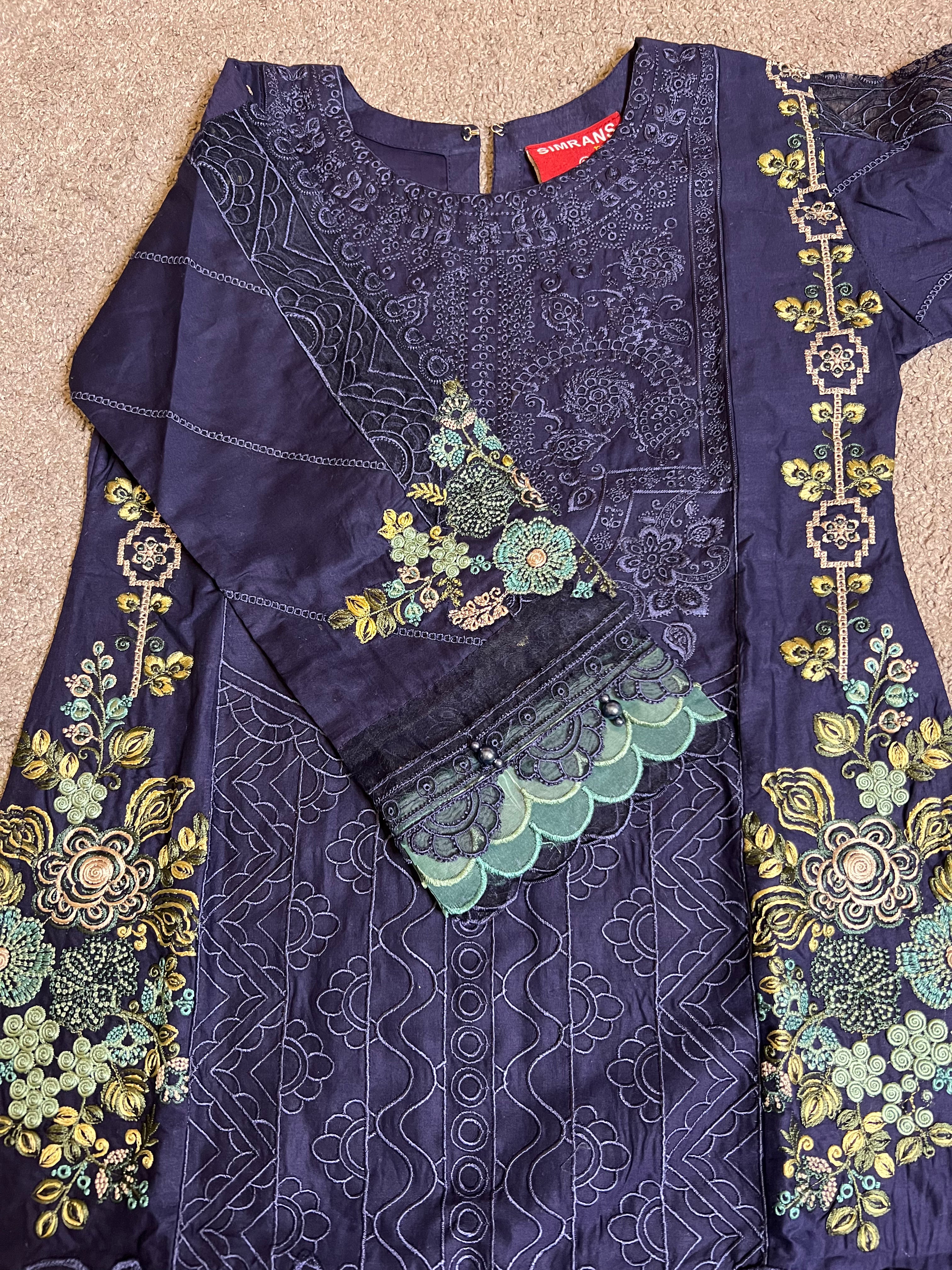 Maria B Inspired Kids Embroidered Navy 3 Piece Outfit With Silk Dupatta - Elegant Pakistani Party Wear for Girls, Perfect for Weddings, Eid & Special Occasions