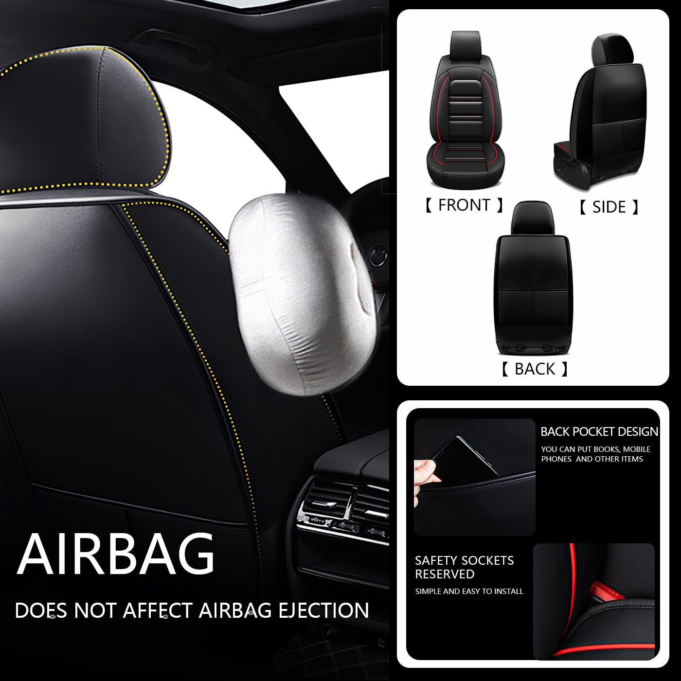 Premium Leather Car Seat Covers for Dodge Challenger 2008-2023 - 5-Piece Full Set (Front & Rear) - Waterproof, Dirt-Resistant & Wear-Resistant Seat Protectors (Black) - Perfect for Daily Commuting, Road Trips & Car Interior Protection