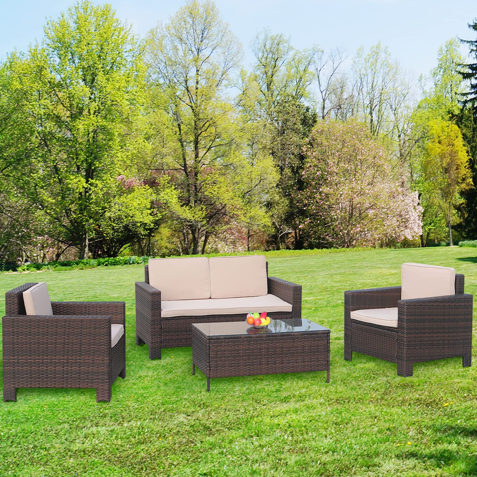 FKSLIFE 4-Piece Outdoor Patio Furniture Set with Cushions - Wicker Sectional Sofa, Lounge Chairs & Glass Coffee Table - Perfect for Garden, Deck, Balcony, Backyard, Porch or Lawn (Brown) - Ideal for Relaxing, Entertaining & Outdoor Gatherings