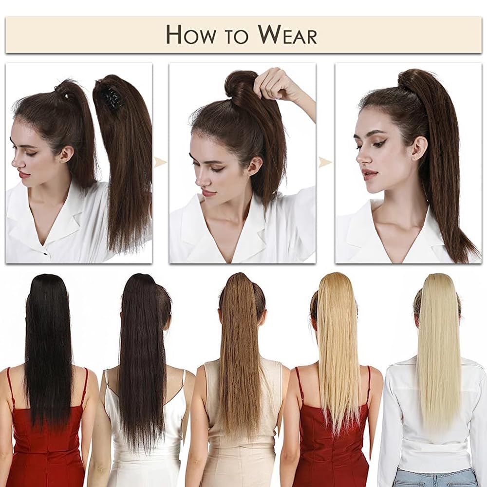 MY-LADY Human Hair Ponytail Extension Clip - 14 Inch Long Straight Real Human Hair Pony Tail for Women - Platinum Blonde 105g - Perfect for Parties, Weddings & Everyday Styling
