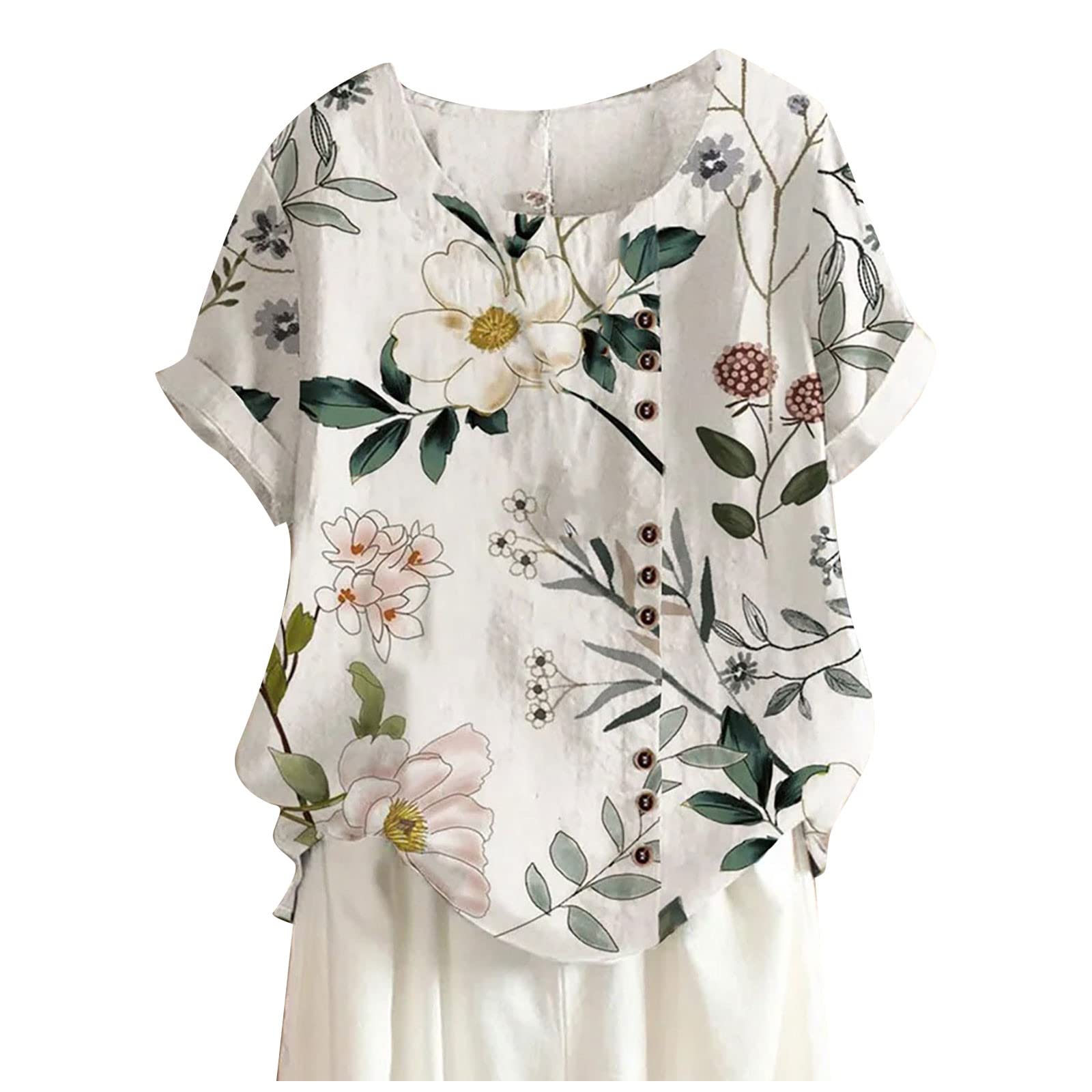FQZWONG Women's Fashion Blouses 2023 - Casual Short Sleeve Crew Neck Button Down Boho Tops | Loose Fit Summer T-Shirts for Outdoor Activities, Beach Vacations & Daily Wear
