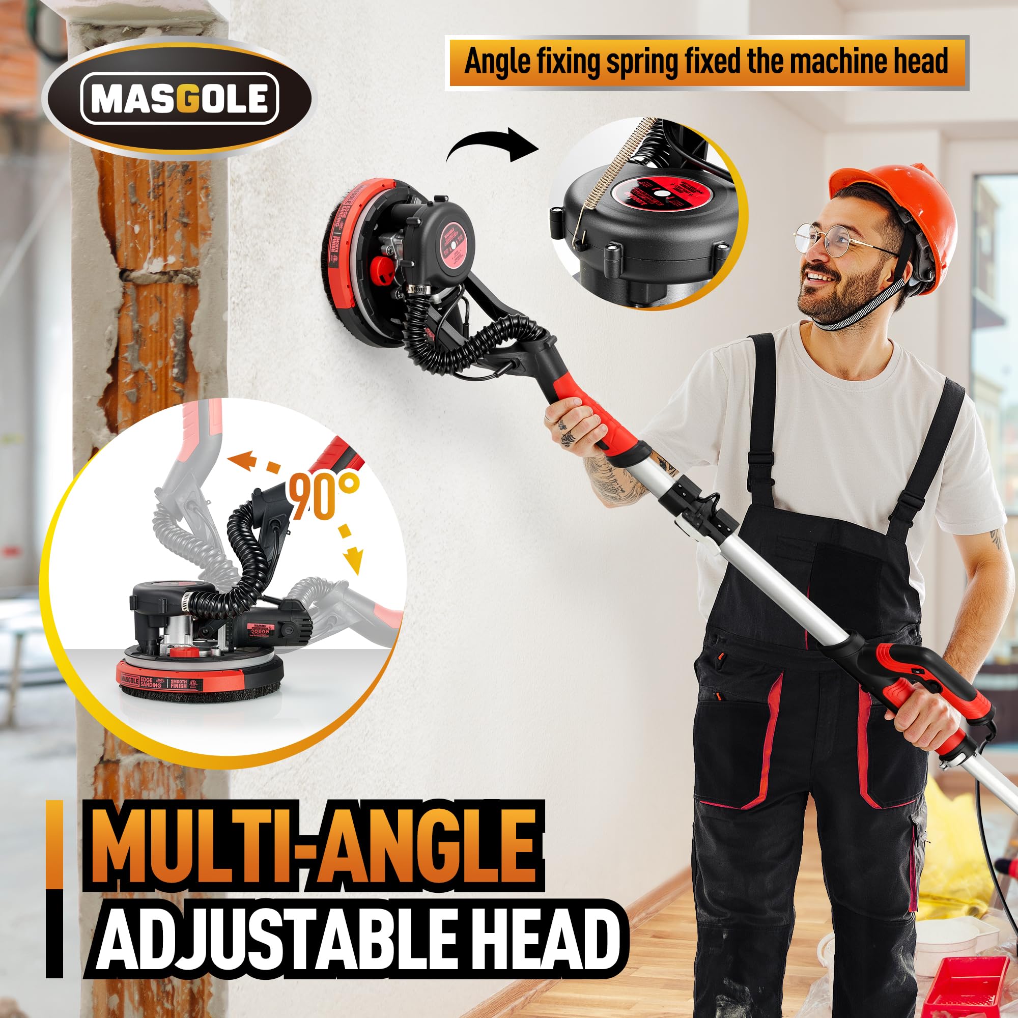 780W Electric Drywall Sander with Vacuum Dust Collector - 6 Variable Speed (900-1800 RPM), Extendable Handle & LED Light - Includes 6 Sanding Discs - Perfect for Home Renovation, Wall Smoothing and Professional Drywall Finishing