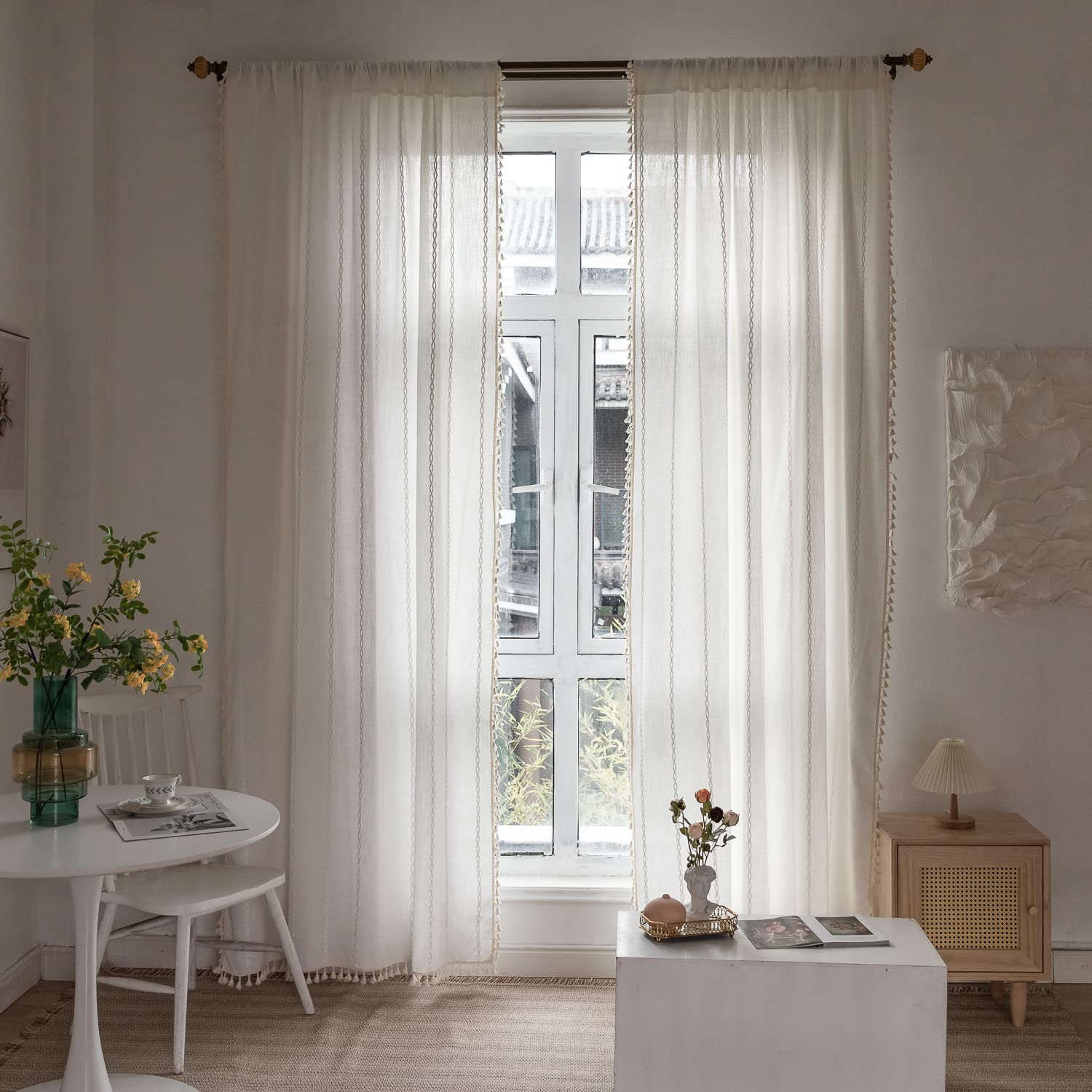 Boho Semi Blackout Window Curtains Set of 2 Panels - 63/84/96 Inch Length, Farmhouse Style with Tassels & Striped Embroidery, Rustic Cotton Linen Blend for Living Room & Bedroom | Perfect for Sun Protection, Privacy & Bohemian Home Decor