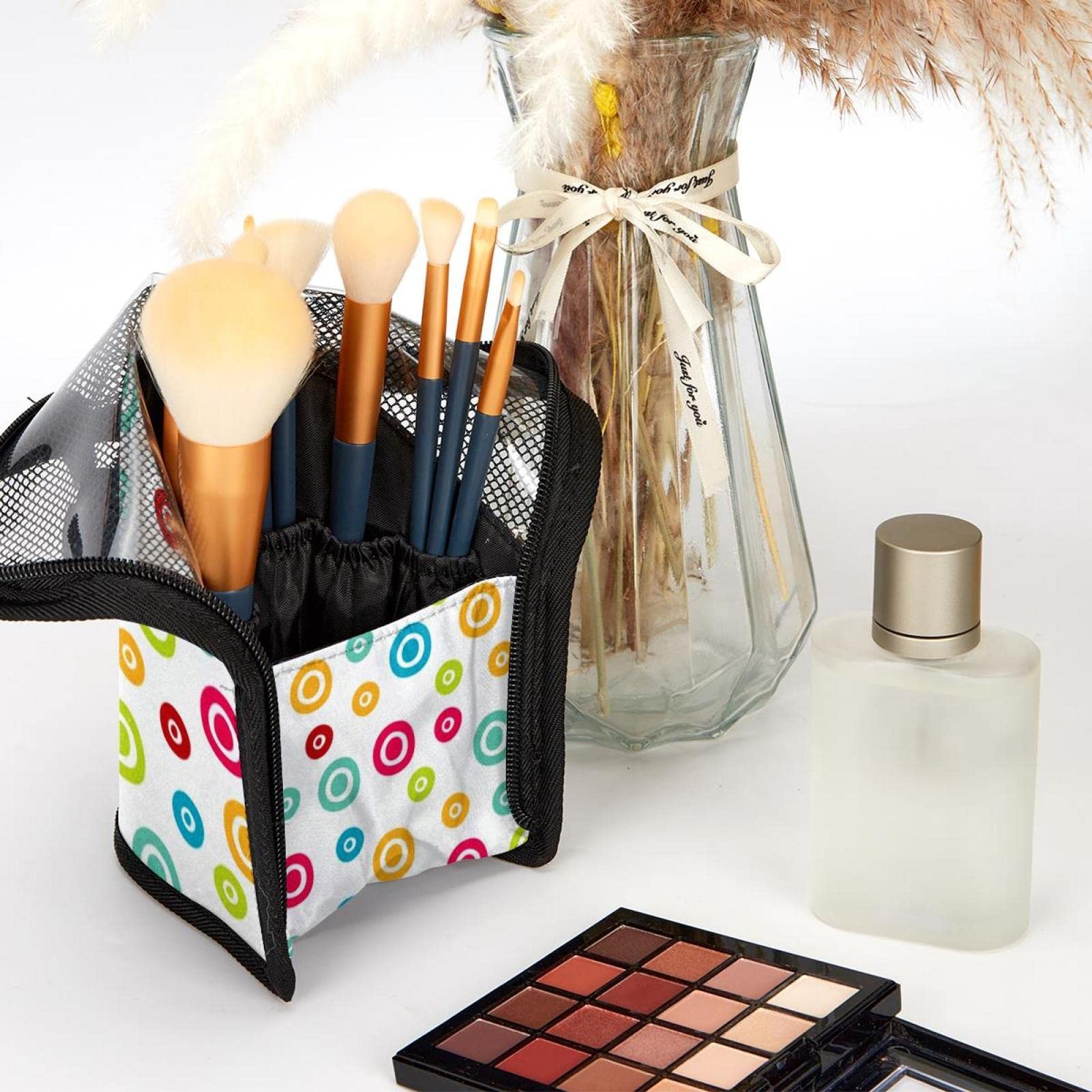 Premium 12-Piece Makeup Brush Organizer Bag with Colorful Dots Print - Portable Travel Makeup Brush Holder Case for Professional Artists & Home Use