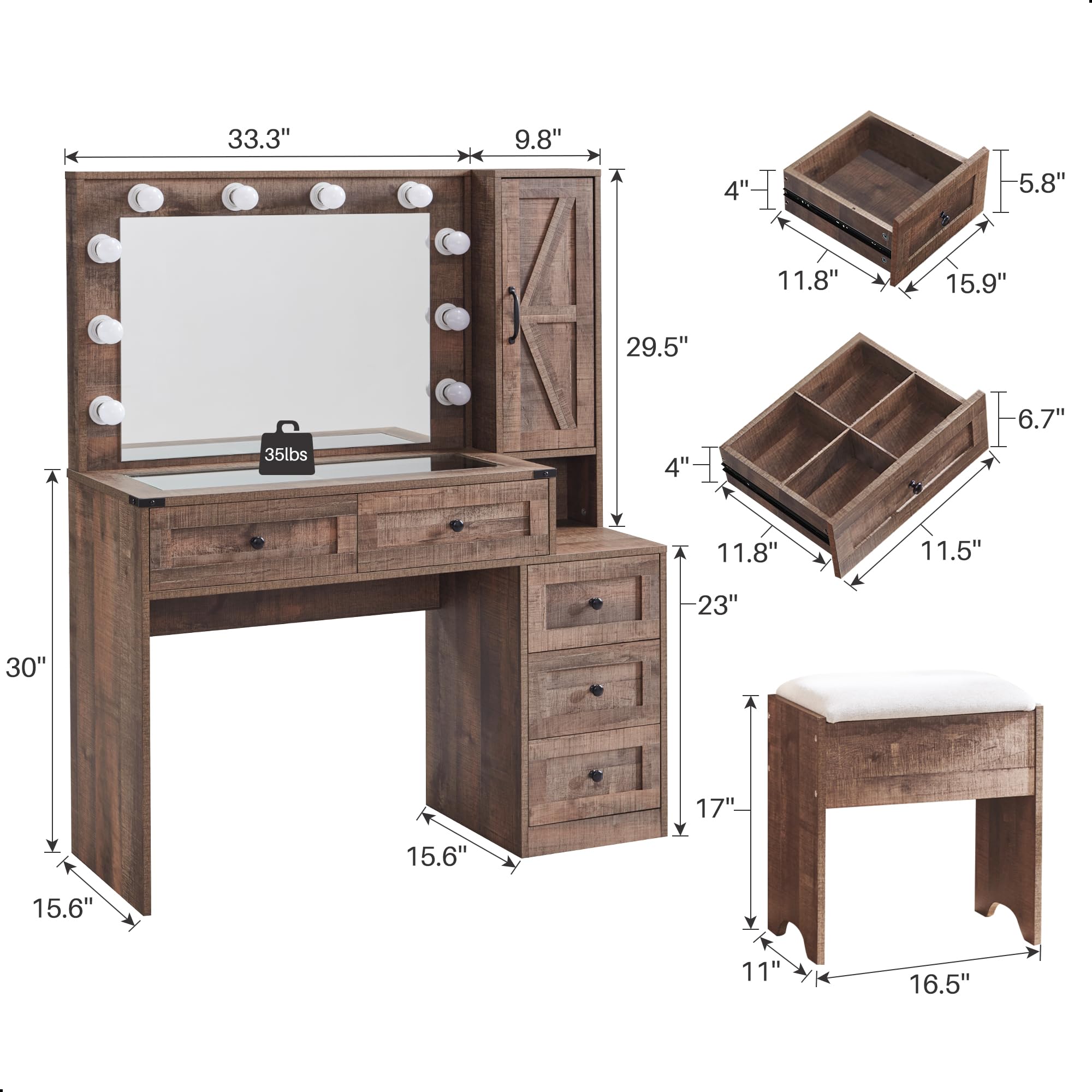 Farmhouse Vanity Makeup Desk with LED Mirror, USB Charging Station & Stool - 43
