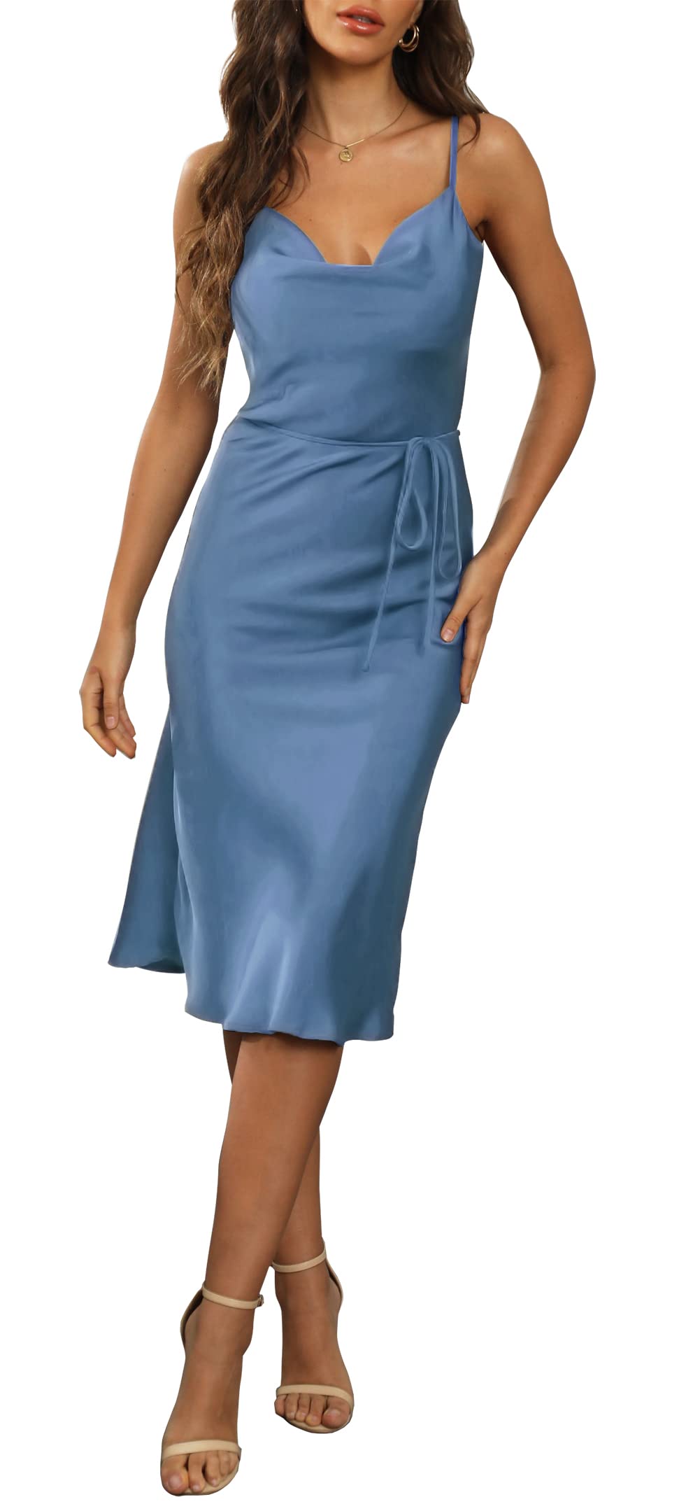 Elegant Women's Sleeveless Spaghetti Strap Satin Cocktail Dress - Cowl Neck Backless Midi Formal Gown for Wedding Guest, Evening Party & Special Occasions