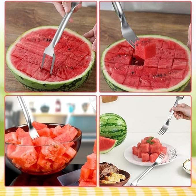 2 in 1 Stainless Steel Fruit Knife & Watermelon Fork Slicer Tool - Dual Head Fruit Cutter for Watermelon, Melon, Pineapple - Perfect for Picnics, BBQs & Kitchen Prep (1pc)