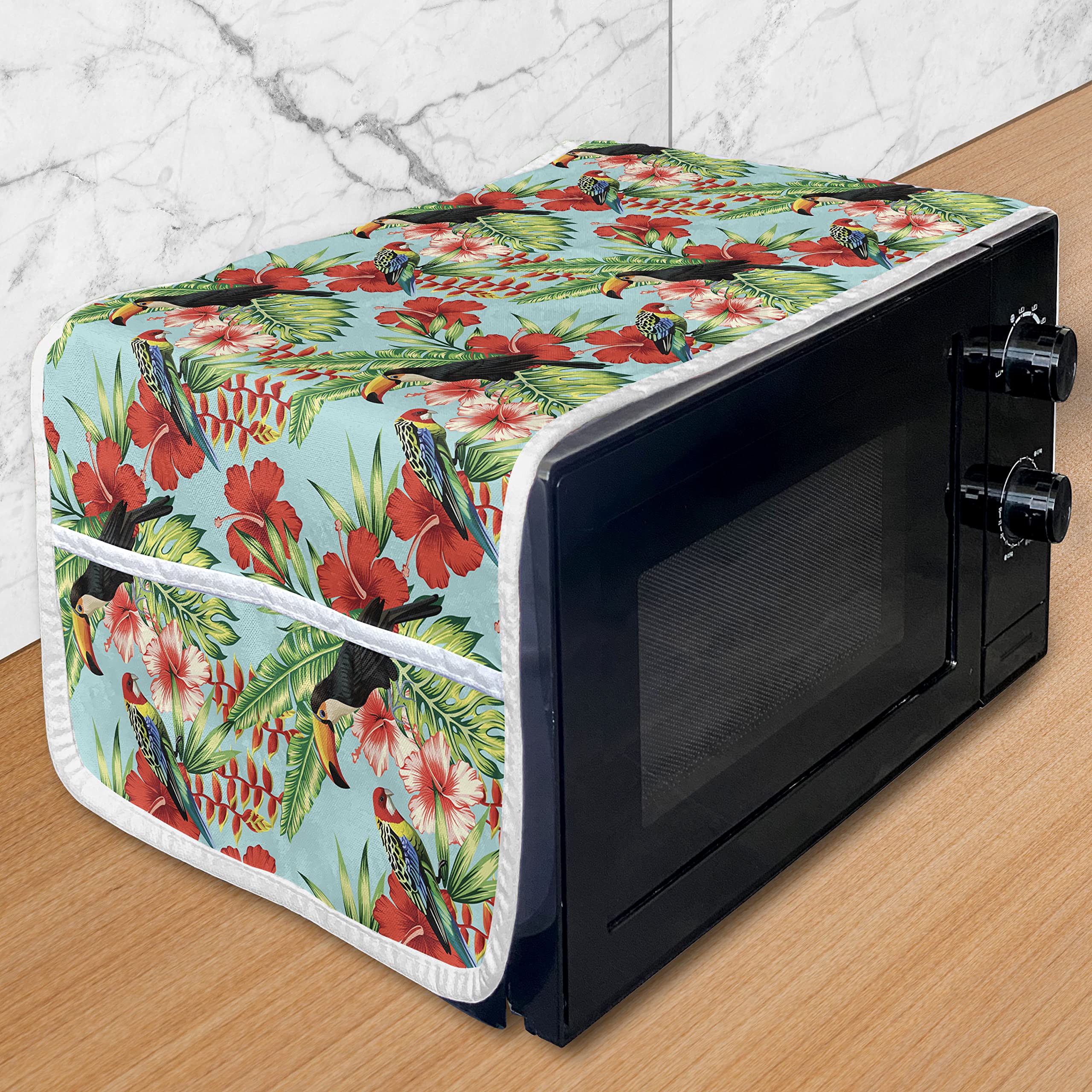 Ambesonne Exotic Microwave Cover - Tropical Hibiscus Flowers, Leaves with Parrot & Toucan Design - Waterproof Kitchen Organizer with Pockets - 36