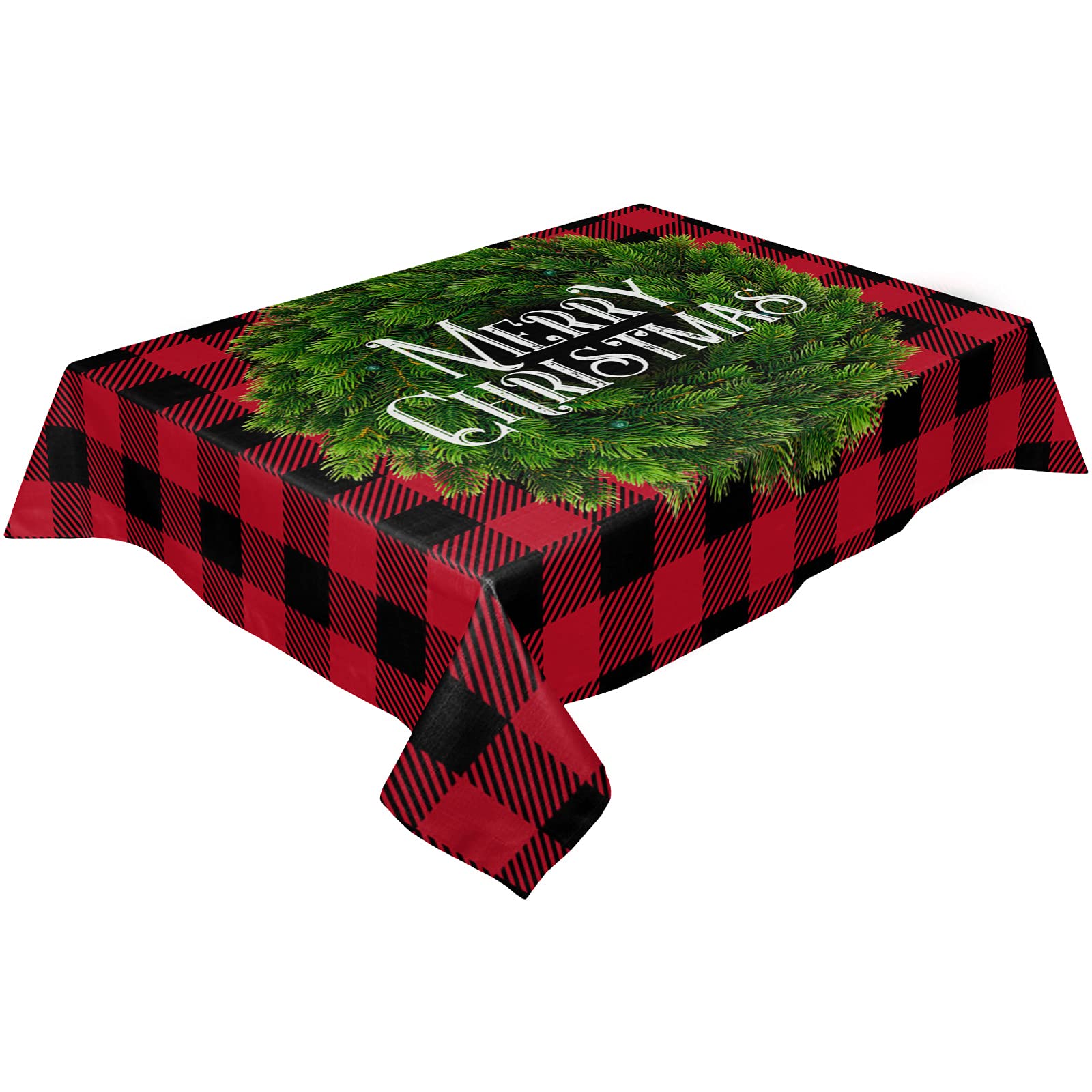 52 x 70 Inch Waterproof Christmas Tablecloth - Green Wreath Design Red Black Checkered Rectangular Table Cover for Kitchen Dining Outdoor Party Decor | Holiday Dinner, Buffet, Picnic & Festive Gatherings