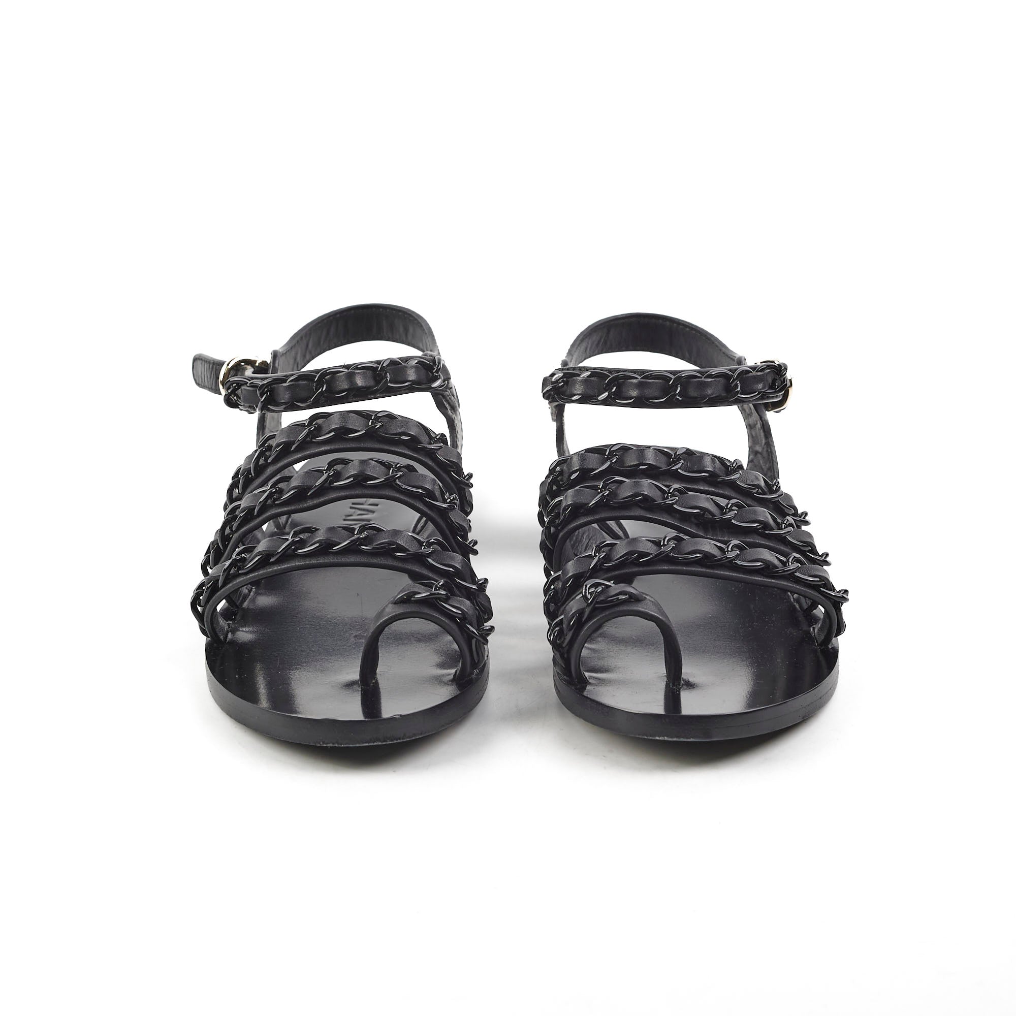 Chanel Black Leather Chain Strap Sandals Size 36 - Luxury Women's Summer Shoes for Beach, Party & Evening Wear