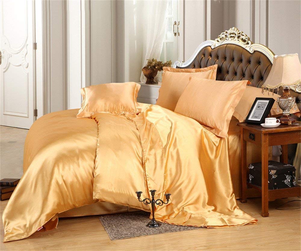 Luxurious Silk Satin Down Alternative Comforter - 400 GSM Box Stitched Ultra Soft Bedding - Machine Washable Full/Queen Size 88x88 Inches - Gold - Perfect for Master Bedroom, Guest Room & Cozy Winter Nights