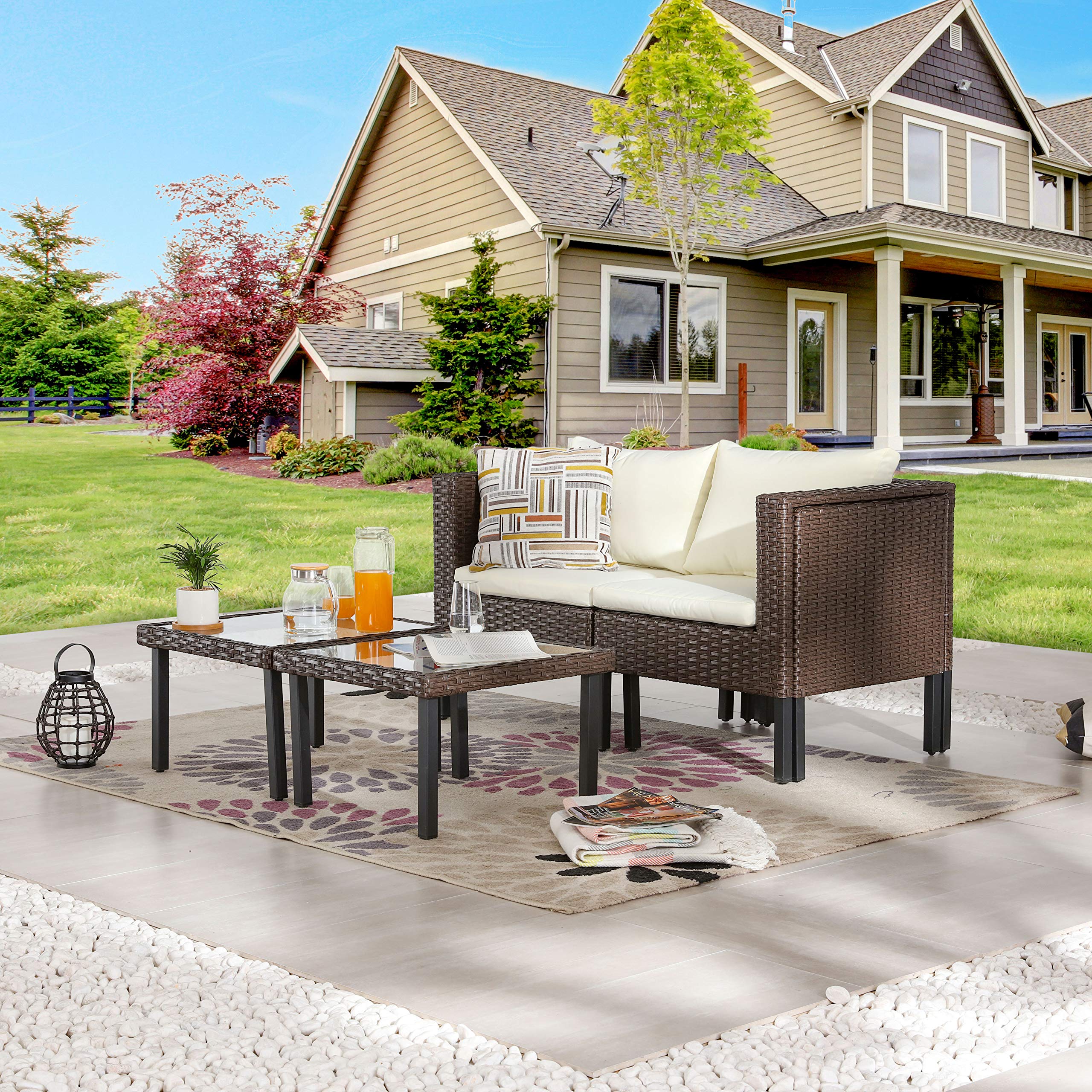 LOKATSE HOME 6-Piece All-Weather Outdoor Patio Furniture Set - Brown Wicker Rattan Sofa Chairs with Beige Cushions & Glass Coffee Table - Perfect for Garden, Poolside, and Backyard Relaxation