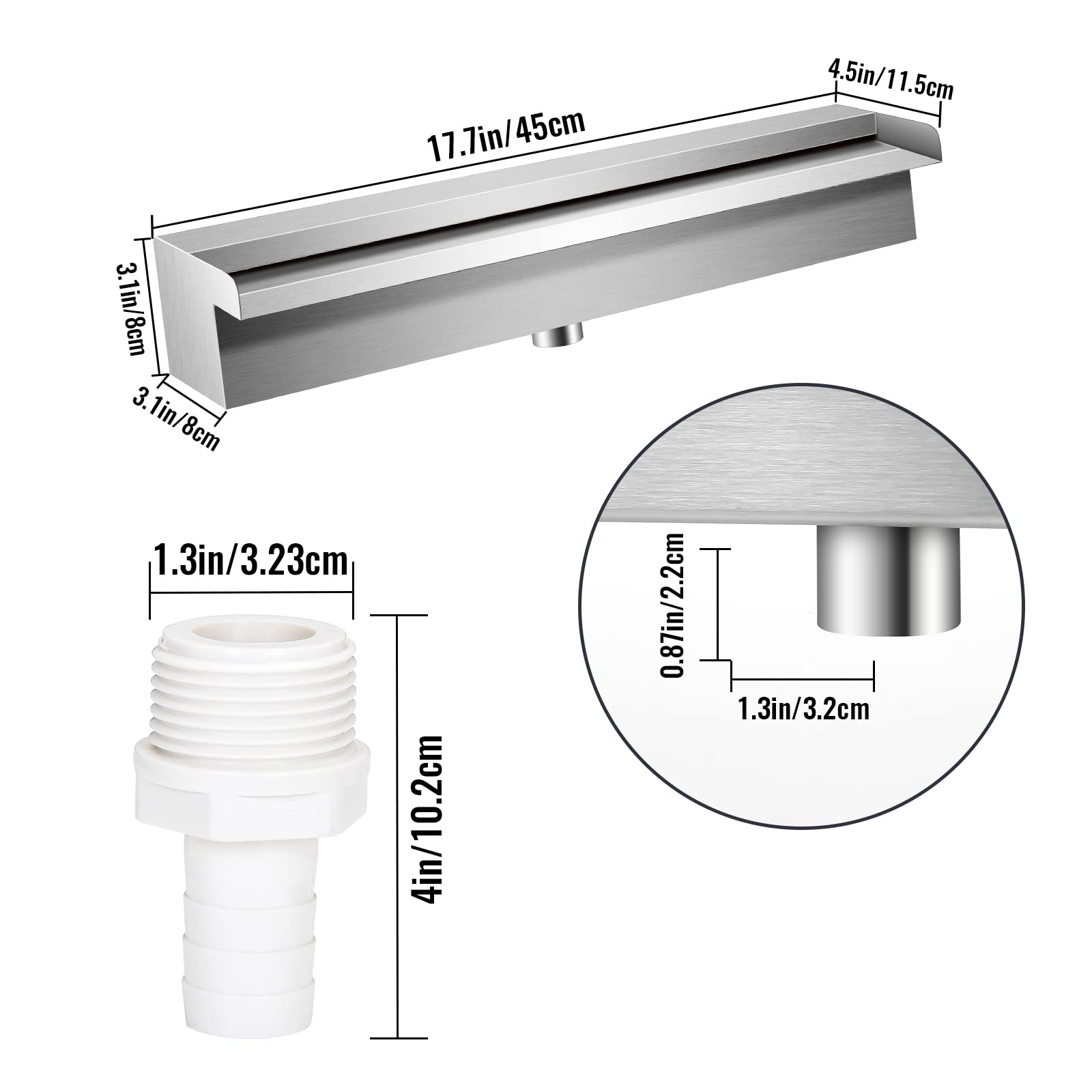 Stainless Steel Pool Waterfall Fountain - 17.7 Inch Rectangular Spillway with Pipe Connector for Indoor & Outdoor Swimming Pool Decor | Perfect for Backyard, Garden, and Landscape Water Features