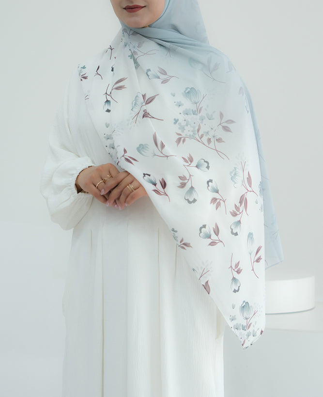 Premium Chiffon Grey Blue Ombre Floral Rectangular Hijab Scarf - Perfect for Daily Wear, Prayer, and Special Occasions