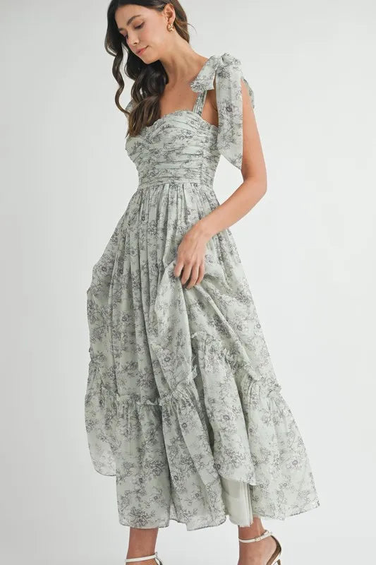 Floral Print Ruched Midi Summer Dress with Shoulder Tie - Women's Elegant Party & Beach Vacation Outfit