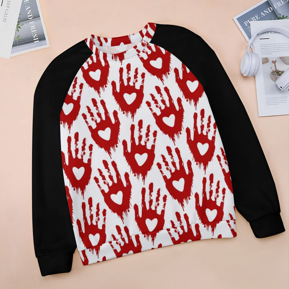 Bloody Hand Print Heart Raglan Round Neck Sweater | Gothic Halloween Pullover | Trendy Unisex Casual Wear for Parties & Outfits